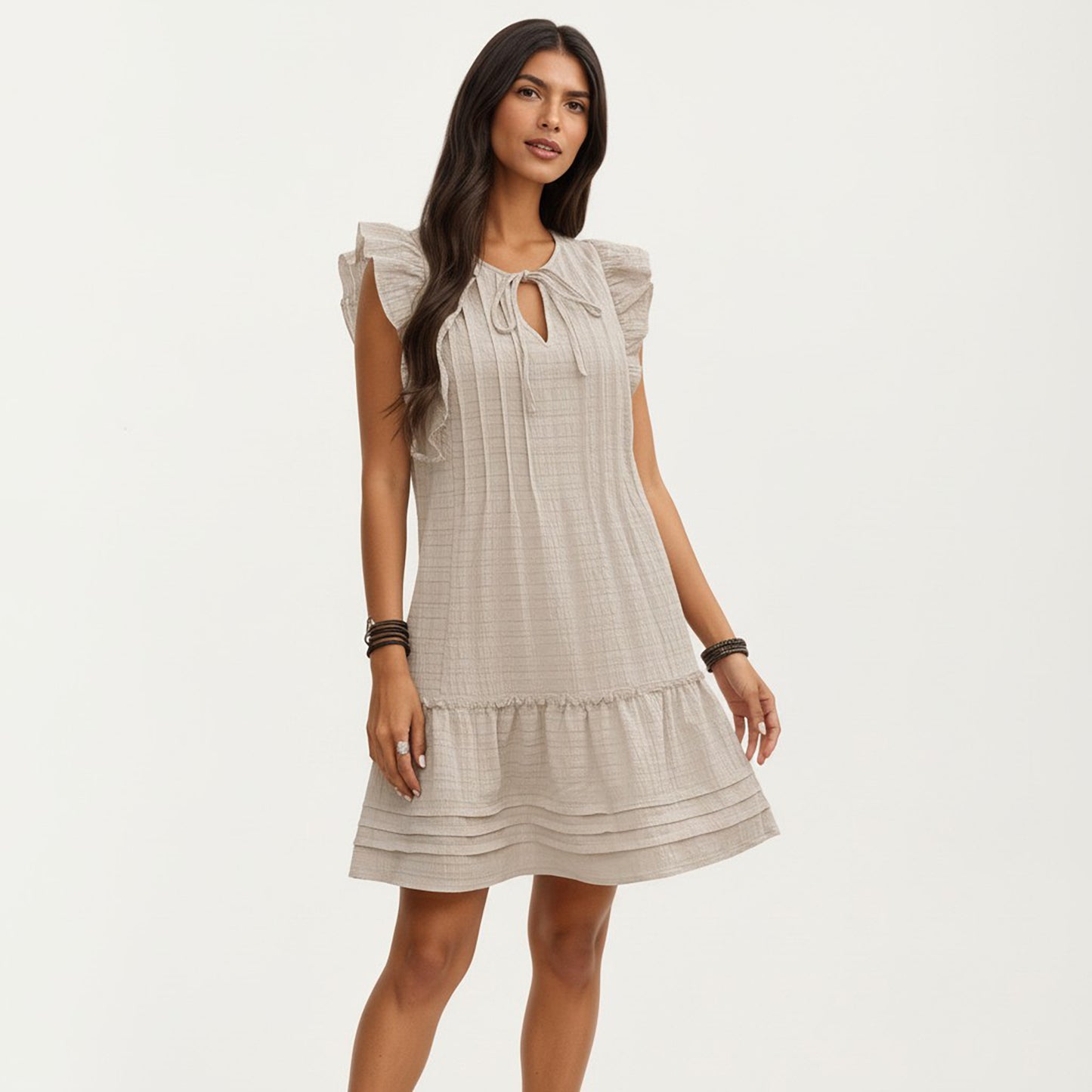 Sleeveless Ruffle Mini Dress with Tie Neck Detail and Tiered Hem