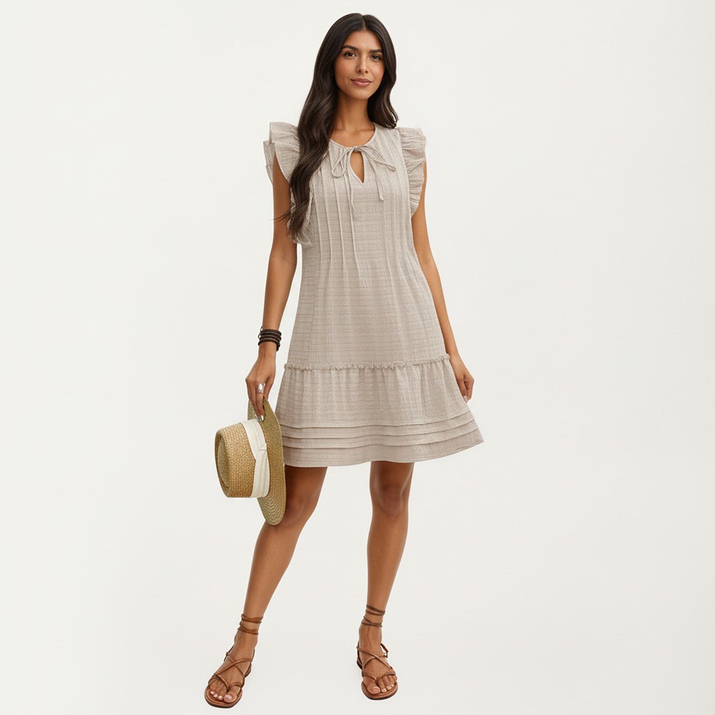Sleeveless Ruffle Mini Dress with Tie Neck Detail and Tiered Hem