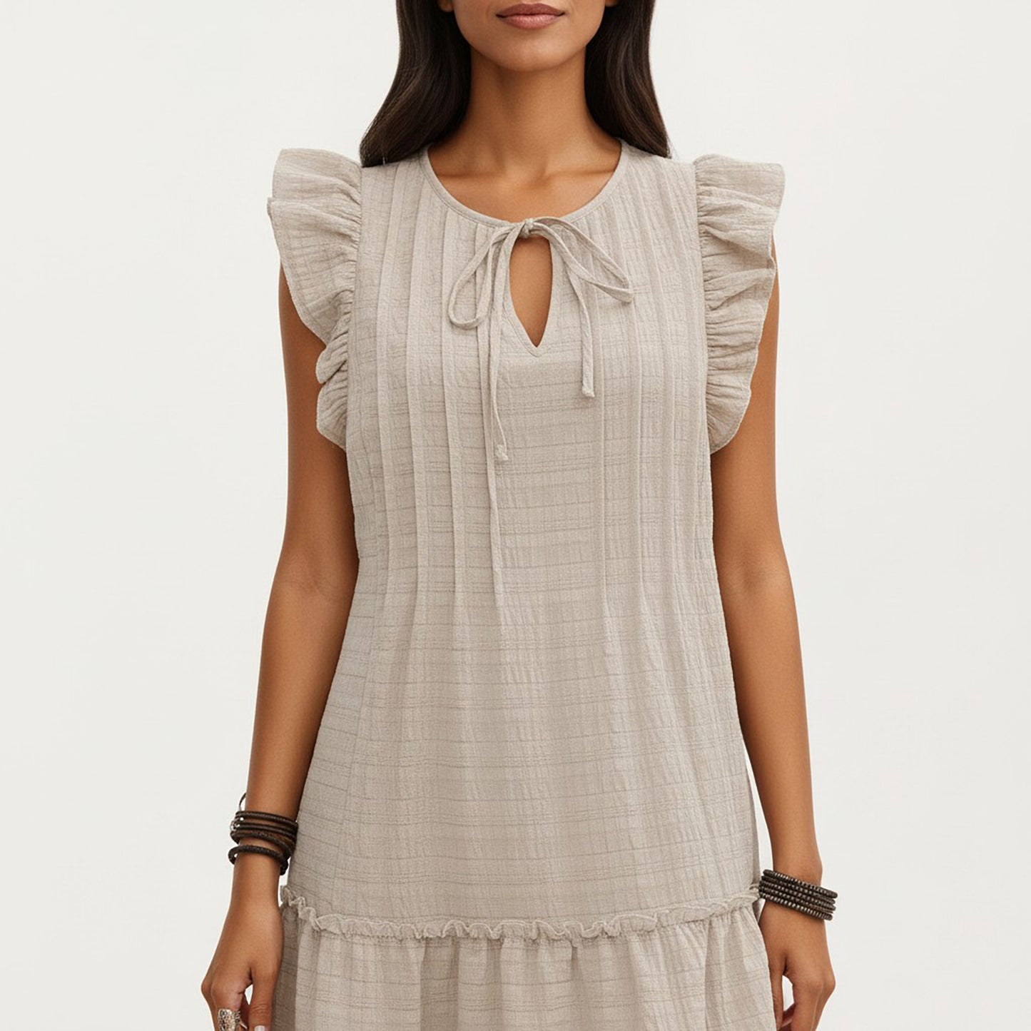 Sleeveless Ruffle Mini Dress with Tie Neck Detail and Tiered Hem