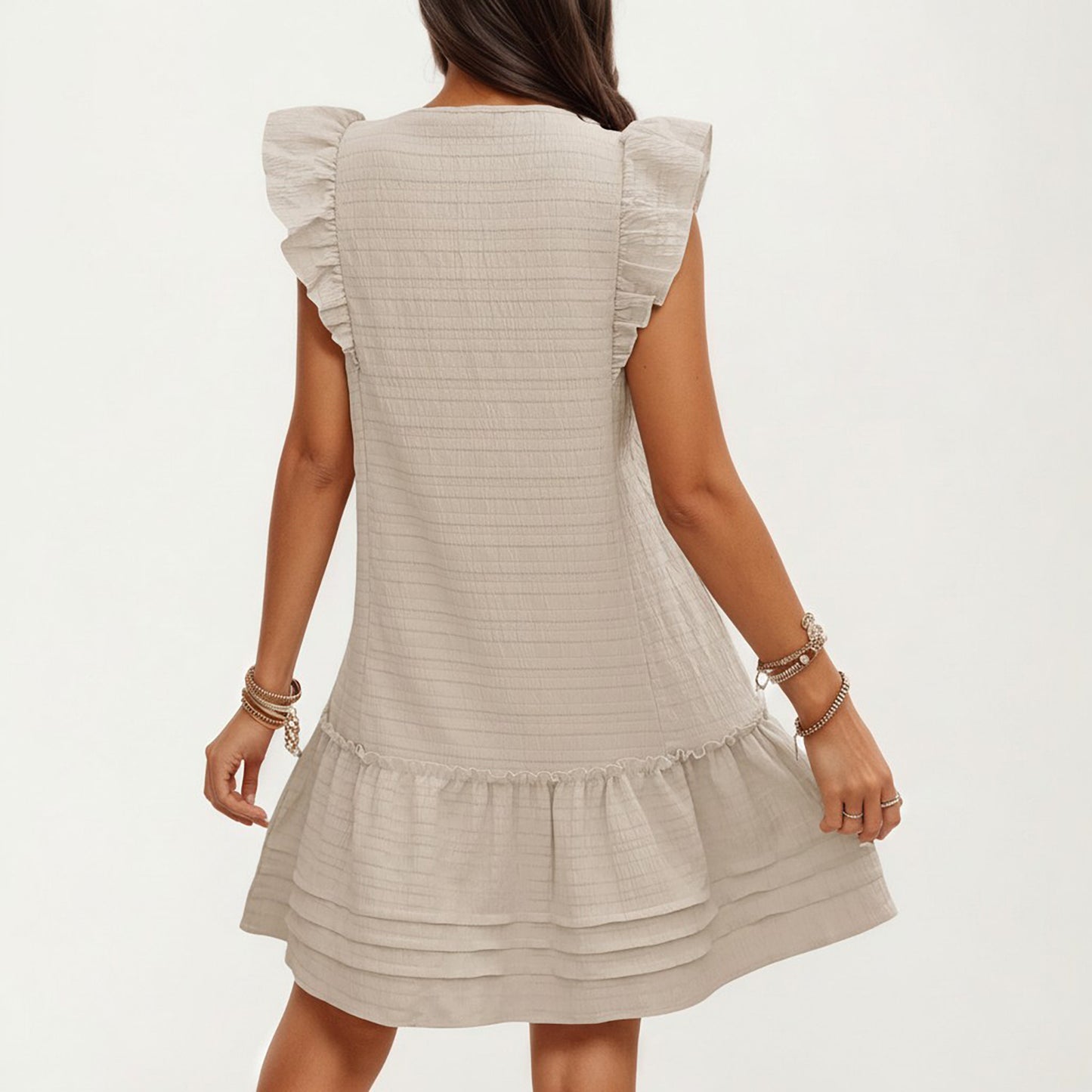 Sleeveless Ruffle Mini Dress with Tie Neck Detail and Tiered Hem