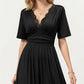 Short Sleeve Lace Trim Maxi Dress with V Neckline and Side Slit
