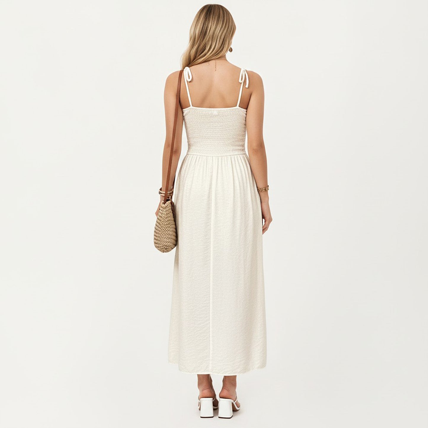 Smocked Bodice Button Front Maxi Dress with Tie Shoulder Straps