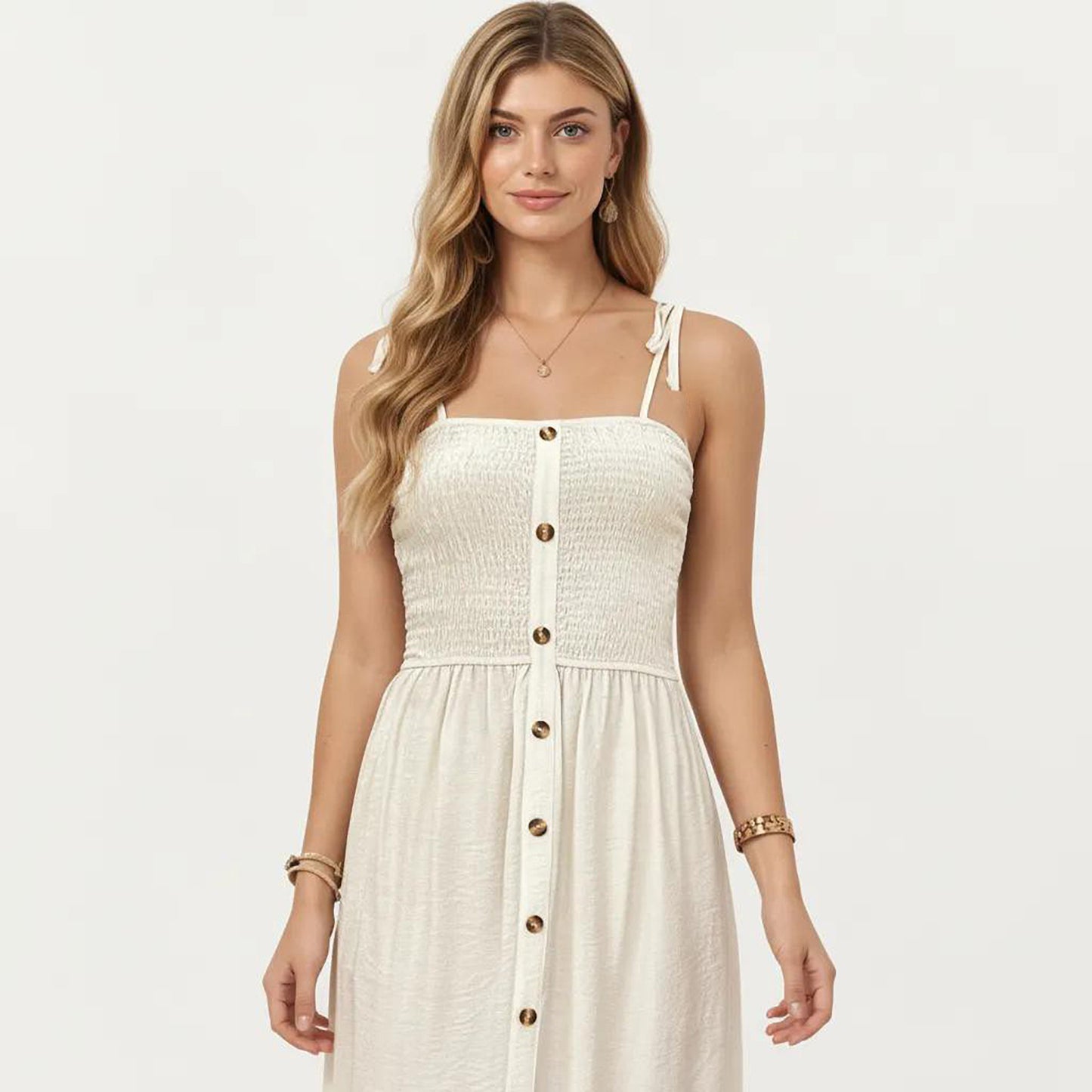 Smocked Bodice Button Front Maxi Dress with Tie Shoulder Straps