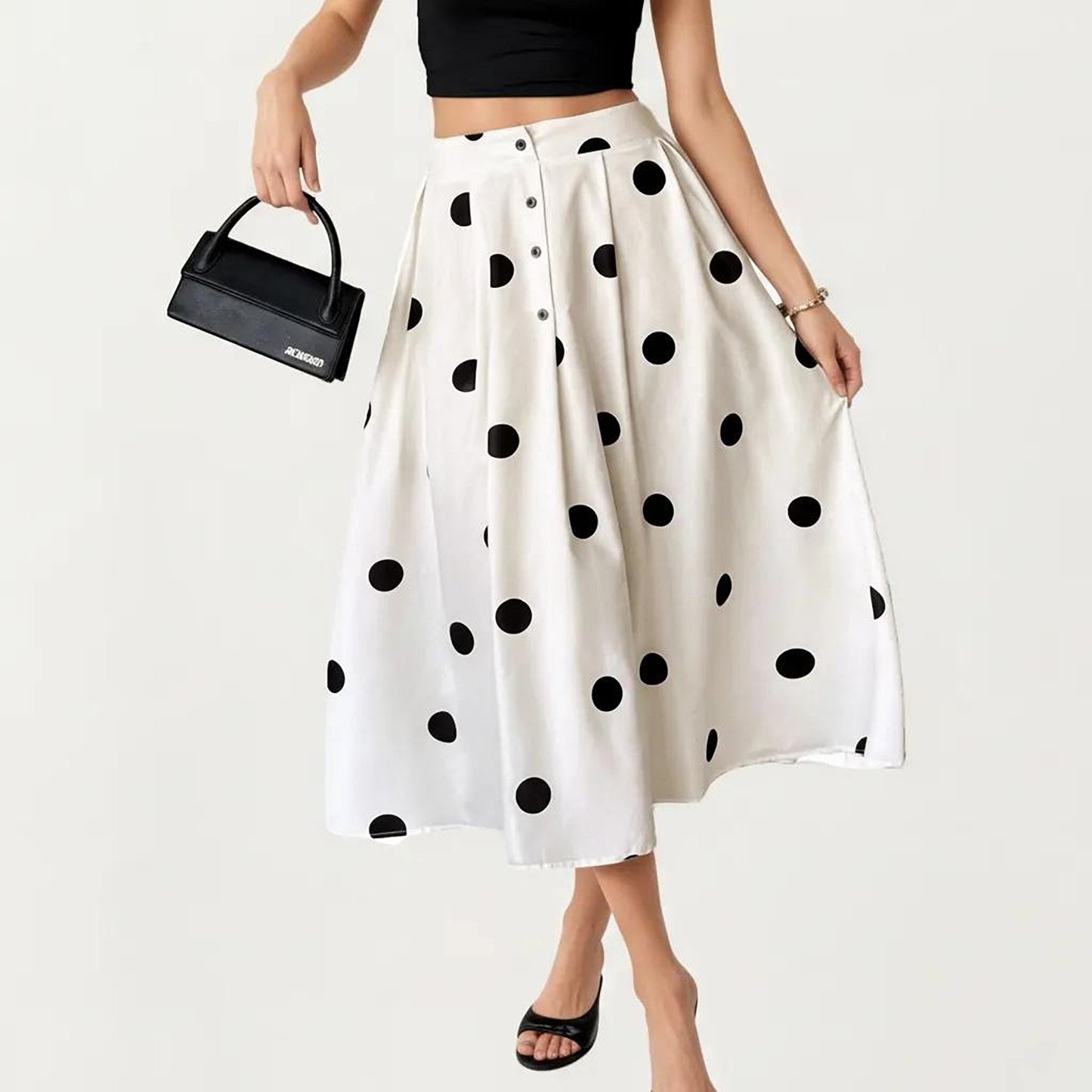 Polka Dot Midi Skirt with Button Front and Flowy A Line Silhouette