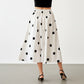 Polka Dot Midi Skirt with Button Front and Flowy A Line Silhouette