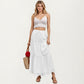 Tiered Eyelet Midi Skirt with Drawstring Waist and Lace Trim Detail
