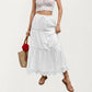 Tiered Eyelet Midi Skirt with Drawstring Waist and Lace Trim Detail