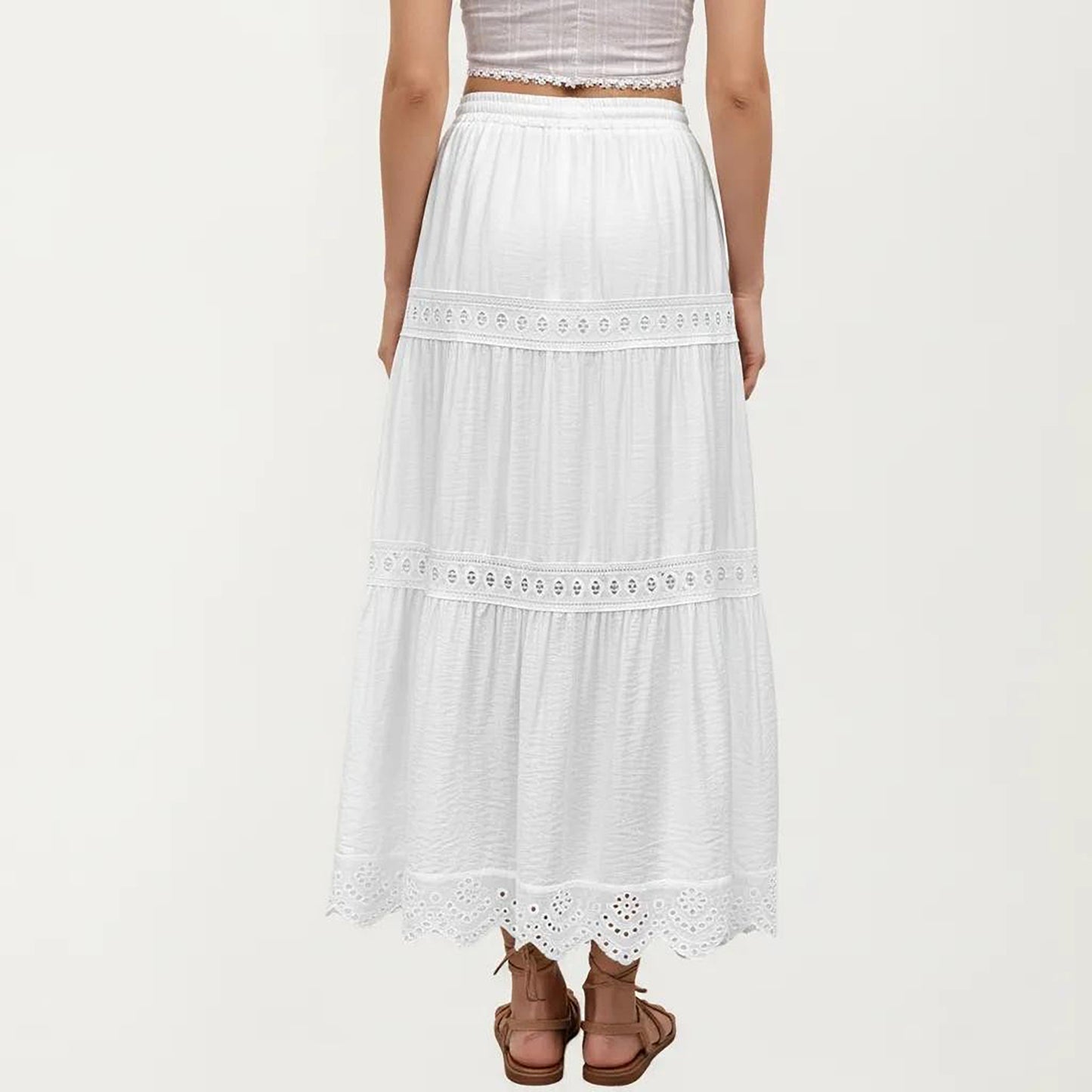 Tiered Eyelet Midi Skirt with Drawstring Waist and Lace Trim Detail
