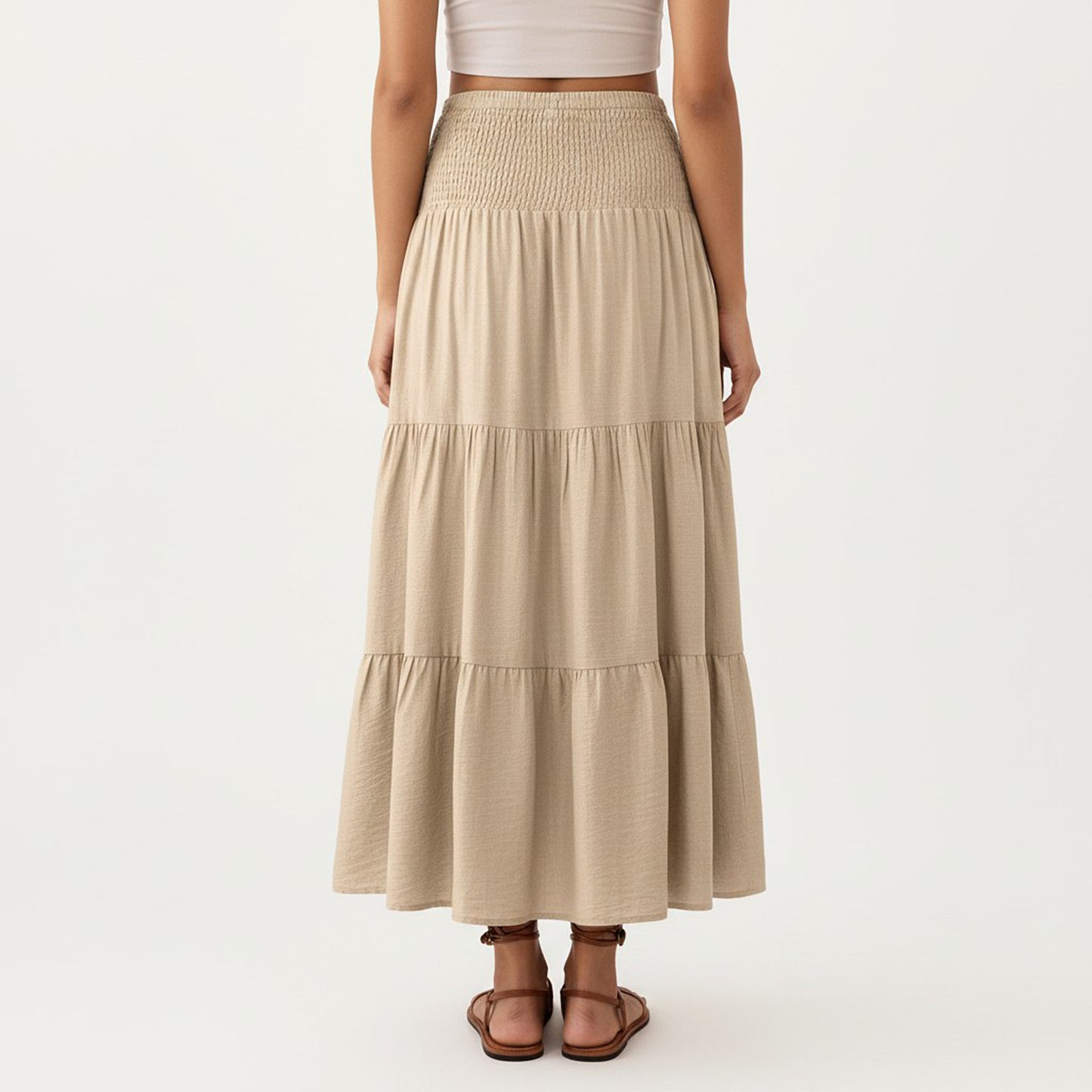 Smocked Waist Tiered Midi Skirt with Drawstring Detail and Flowy Silhouette