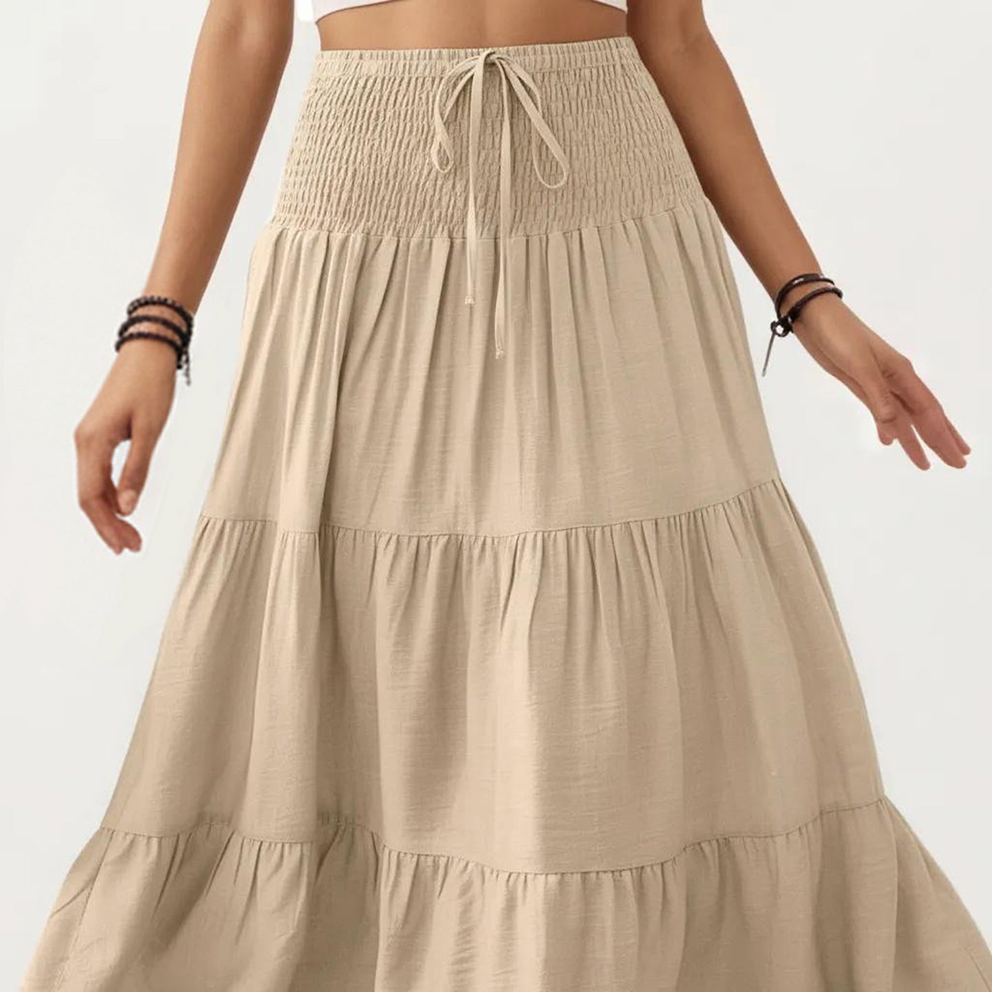 Smocked Waist Tiered Midi Skirt with Drawstring Detail and Flowy Silhouette