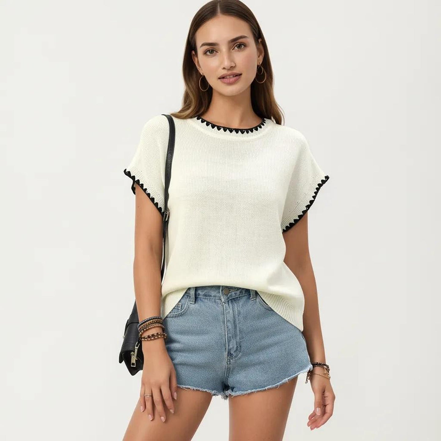 Short Sleeve Knit Top with Contrast Trim Crew Neck and Relaxed Fit