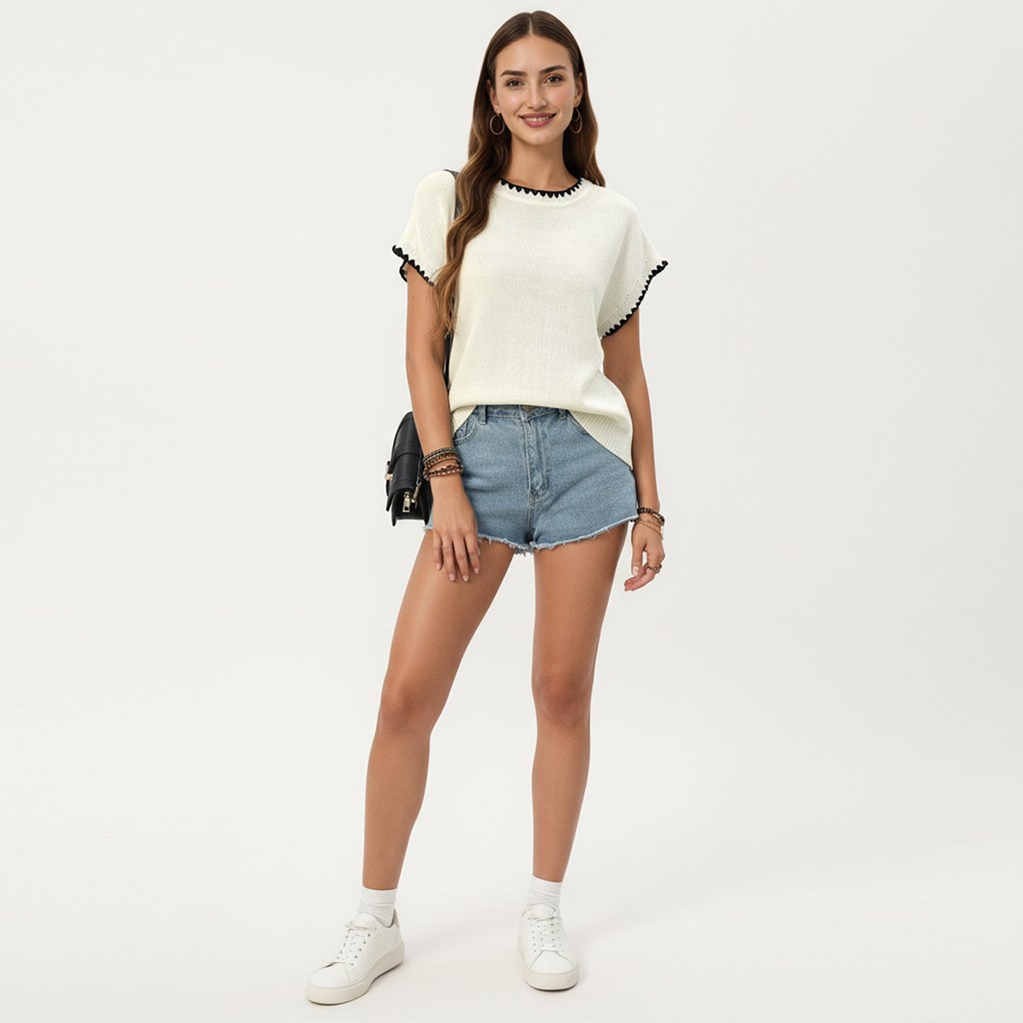 Short Sleeve Knit Top with Contrast Trim Crew Neck and Relaxed Fit