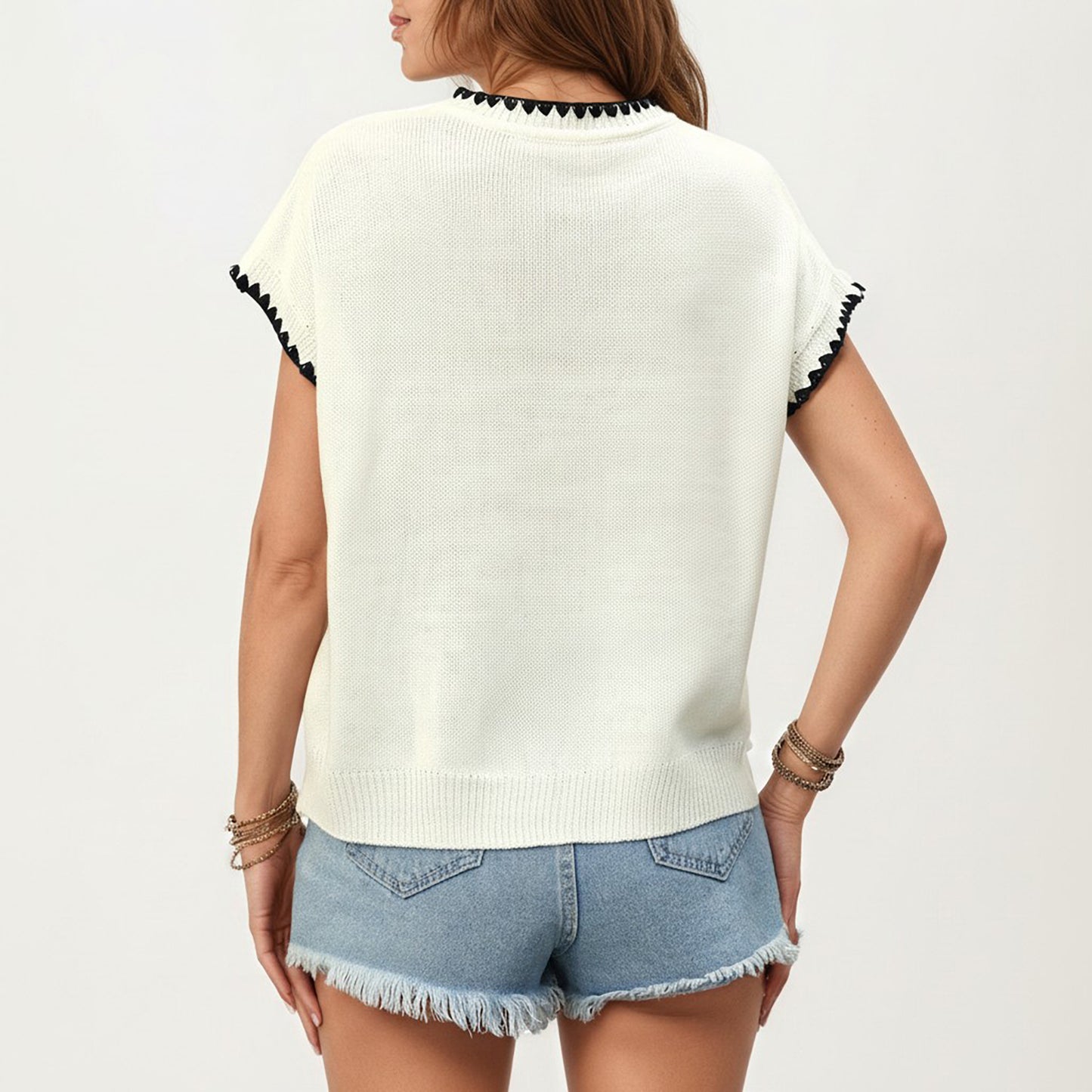 Short Sleeve Knit Top with Contrast Trim Crew Neck and Relaxed Fit