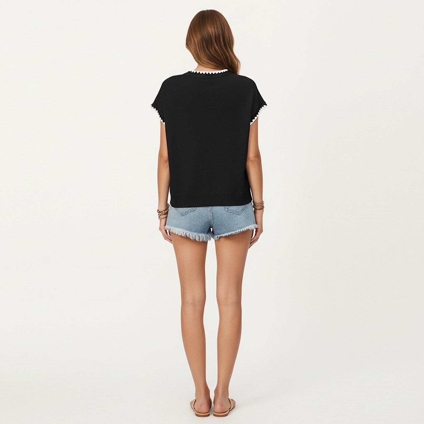 Short Sleeve Knit Top with Contrast Trim Crew Neck and Relaxed Fit