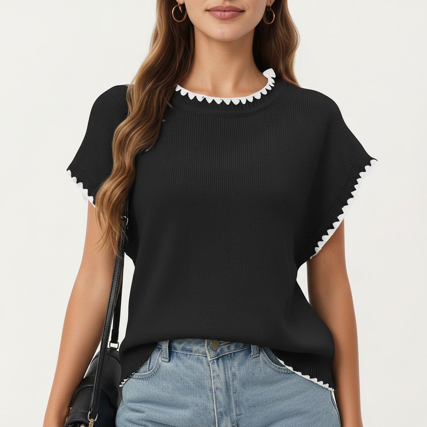 Short Sleeve Knit Top with Contrast Trim Crew Neck and Relaxed Fit