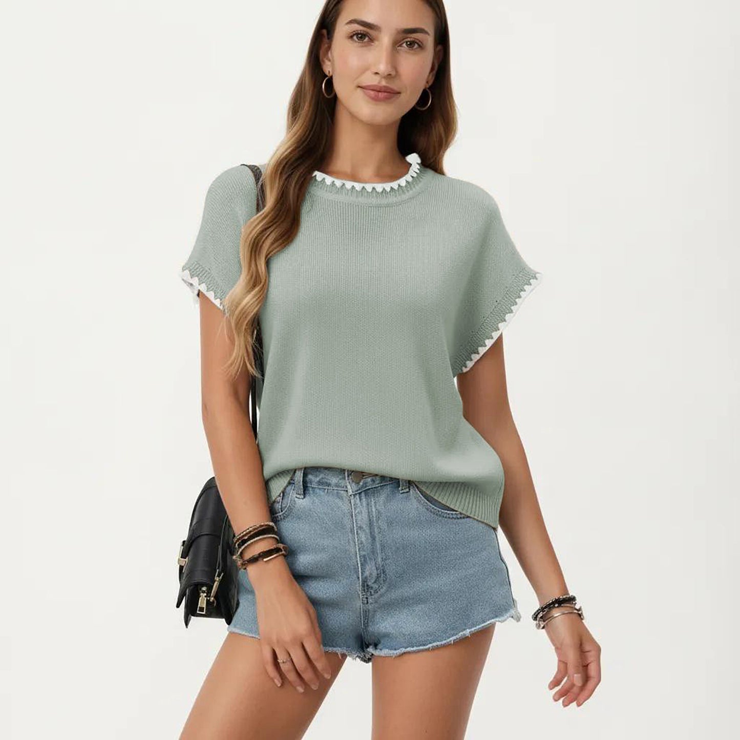 Short Sleeve Knit Top with Contrast Trim Crew Neck and Relaxed Fit