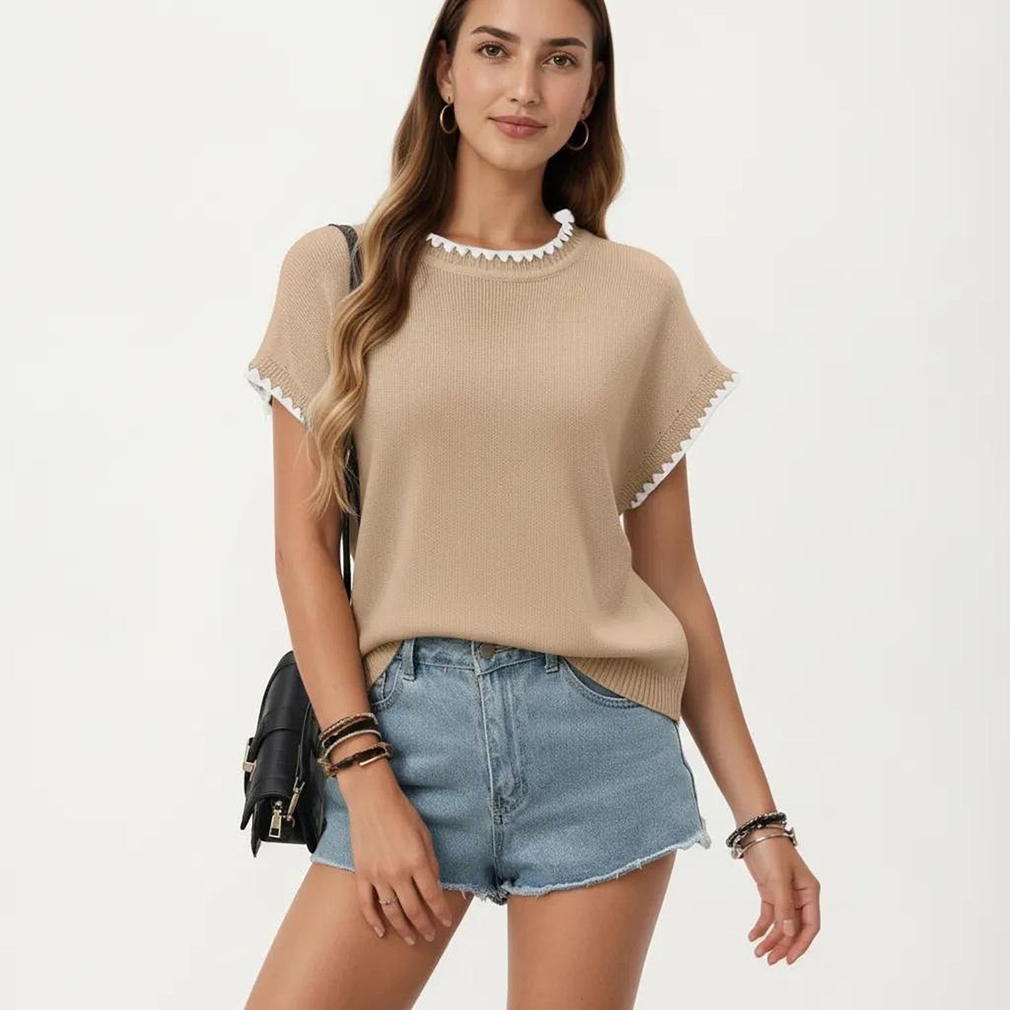 Short Sleeve Knit Top with Contrast Trim Crew Neck and Relaxed Fit