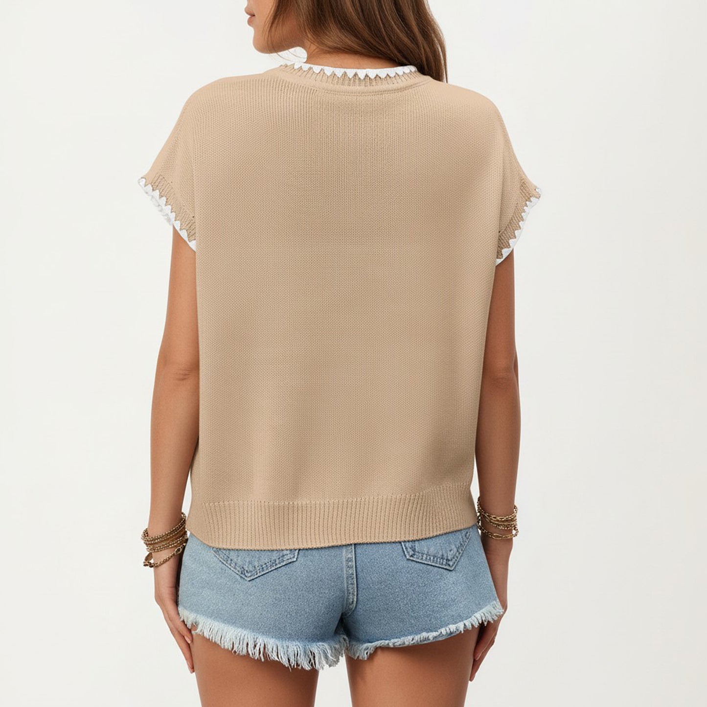 Short Sleeve Knit Top with Contrast Trim Crew Neck and Relaxed Fit