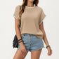 Short Sleeve Knit Top with Contrast Trim Crew Neck and Relaxed Fit