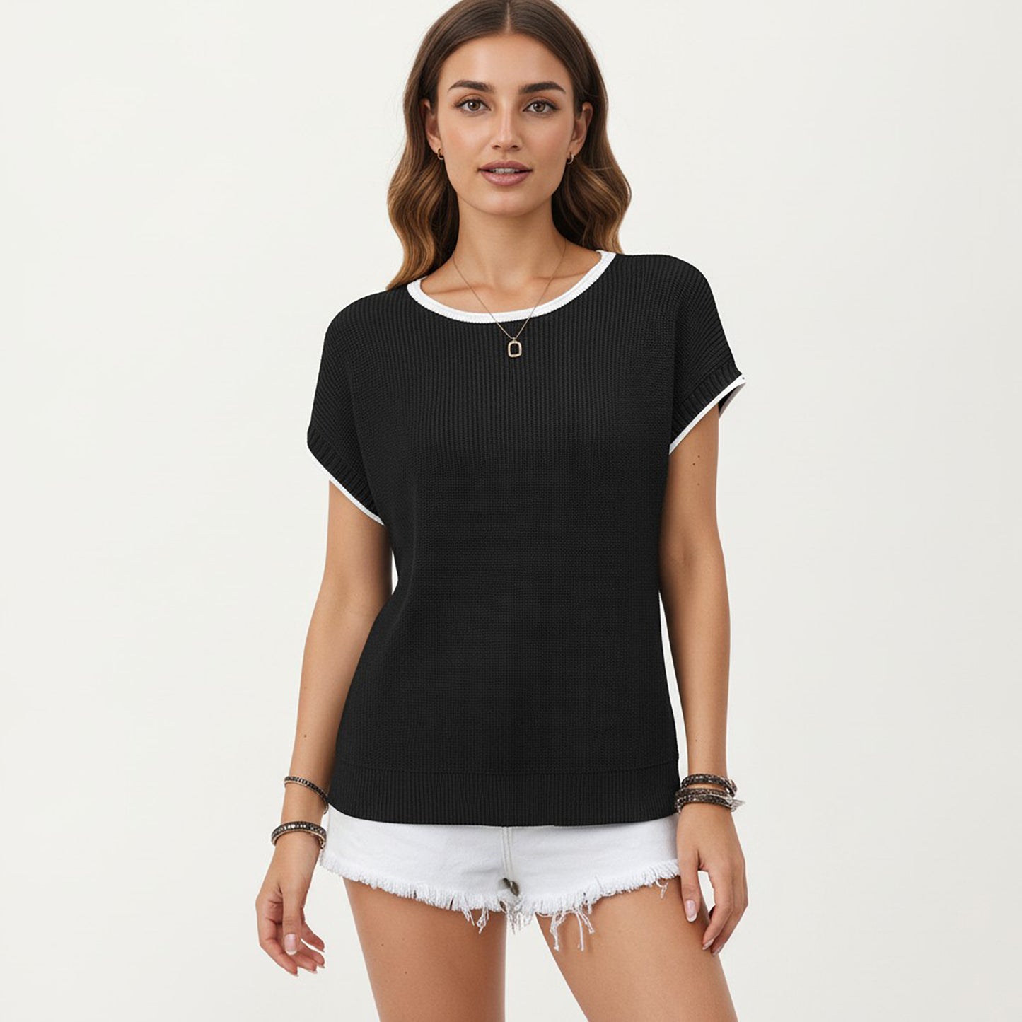 Short Sleeve Knit Top with Contrast Trim Crew Neck and Relaxed Fit