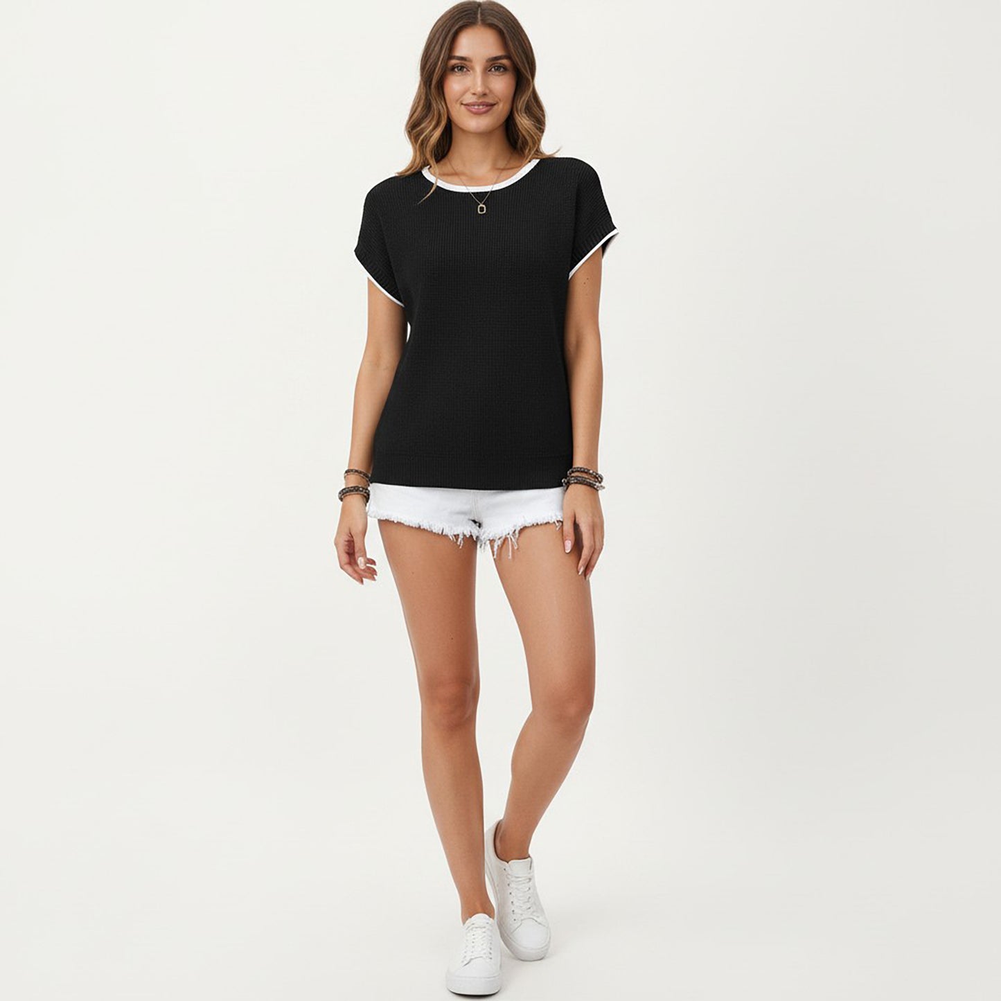 Short Sleeve Knit Top with Contrast Trim Crew Neck and Relaxed Fit