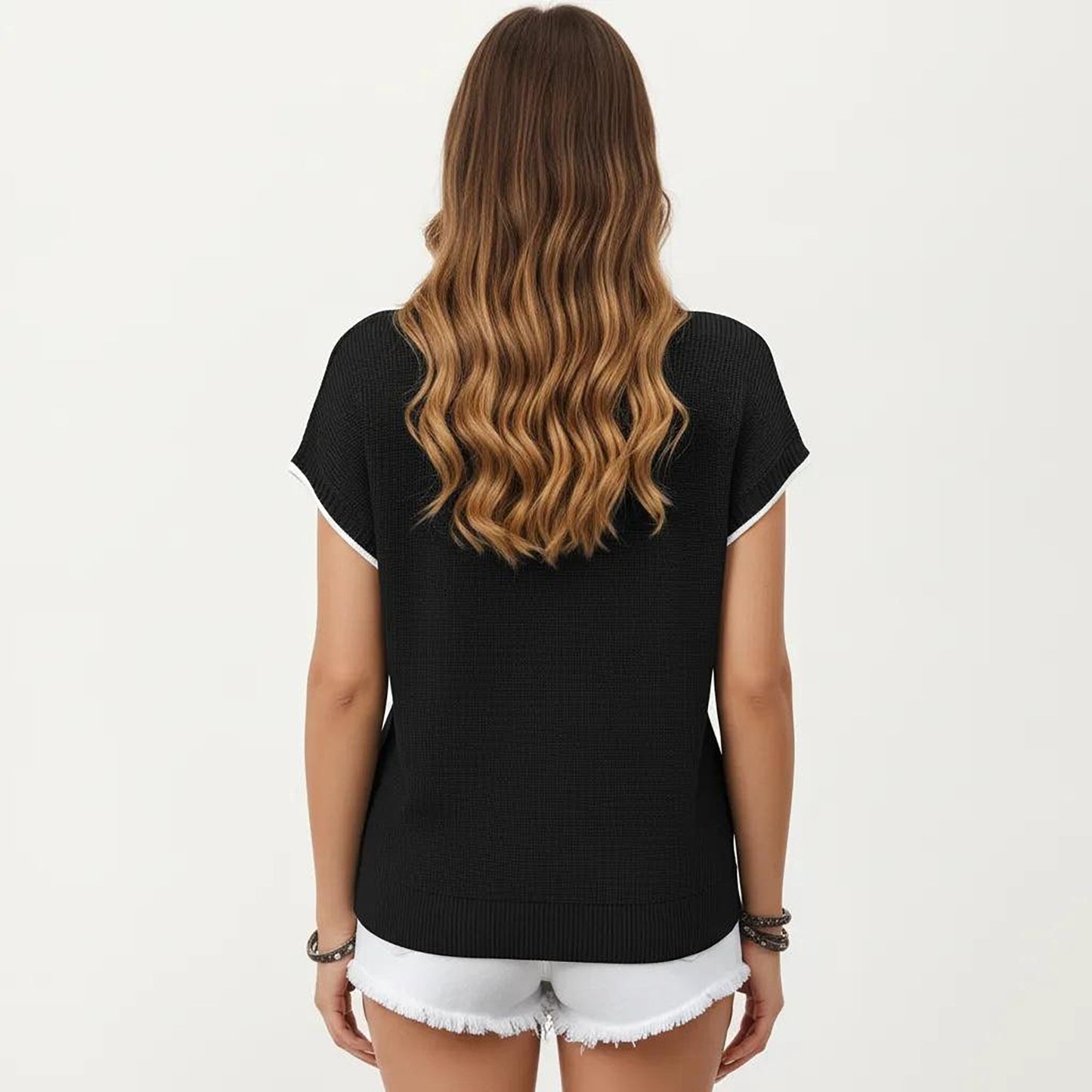 Short Sleeve Knit Top with Contrast Trim Crew Neck and Relaxed Fit