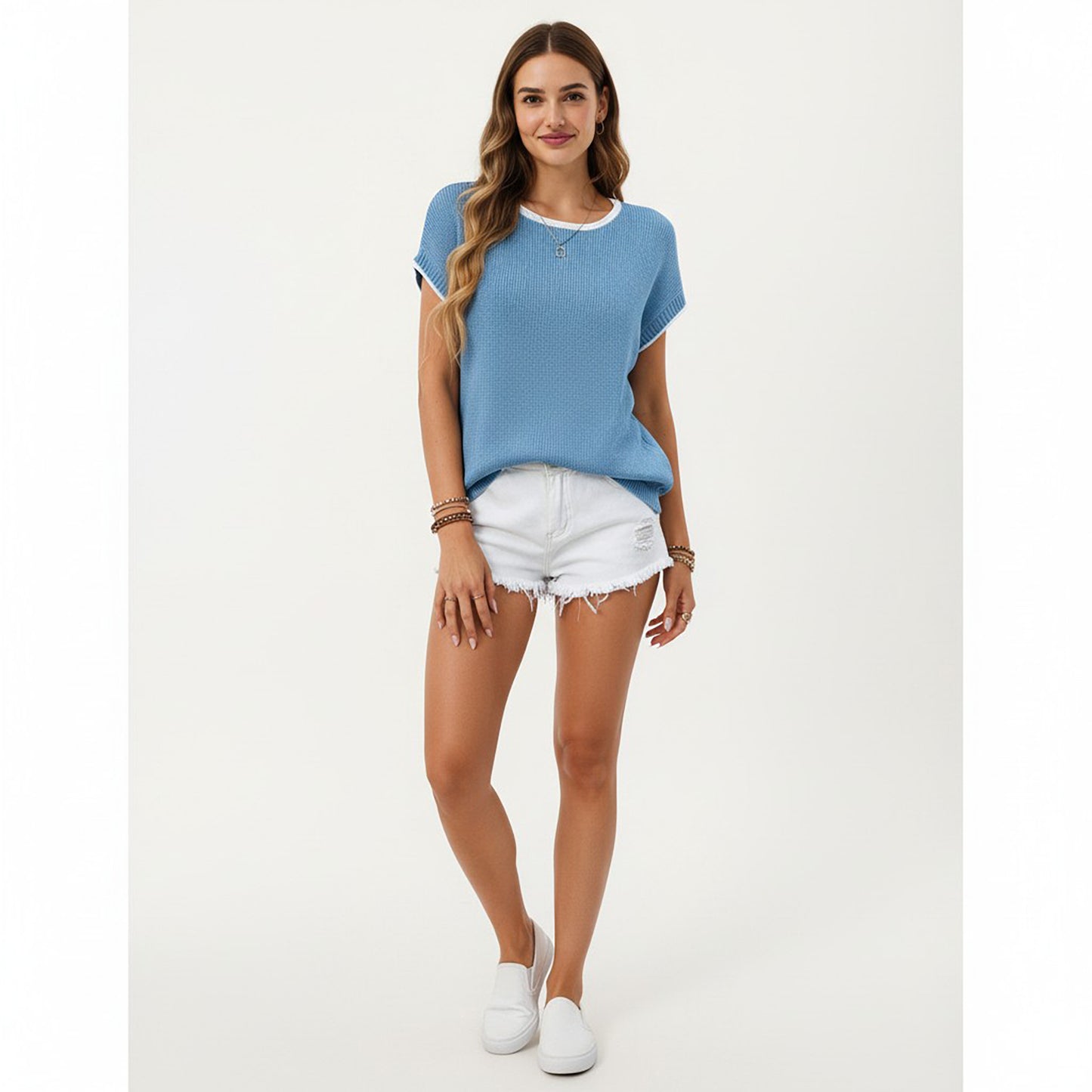 Short Sleeve Knit Top with Contrast Trim Crew Neck and Relaxed Fit