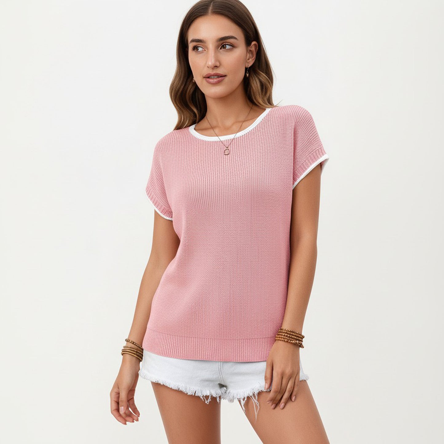 Short Sleeve Knit Top with Contrast Trim Crew Neck and Relaxed Fit