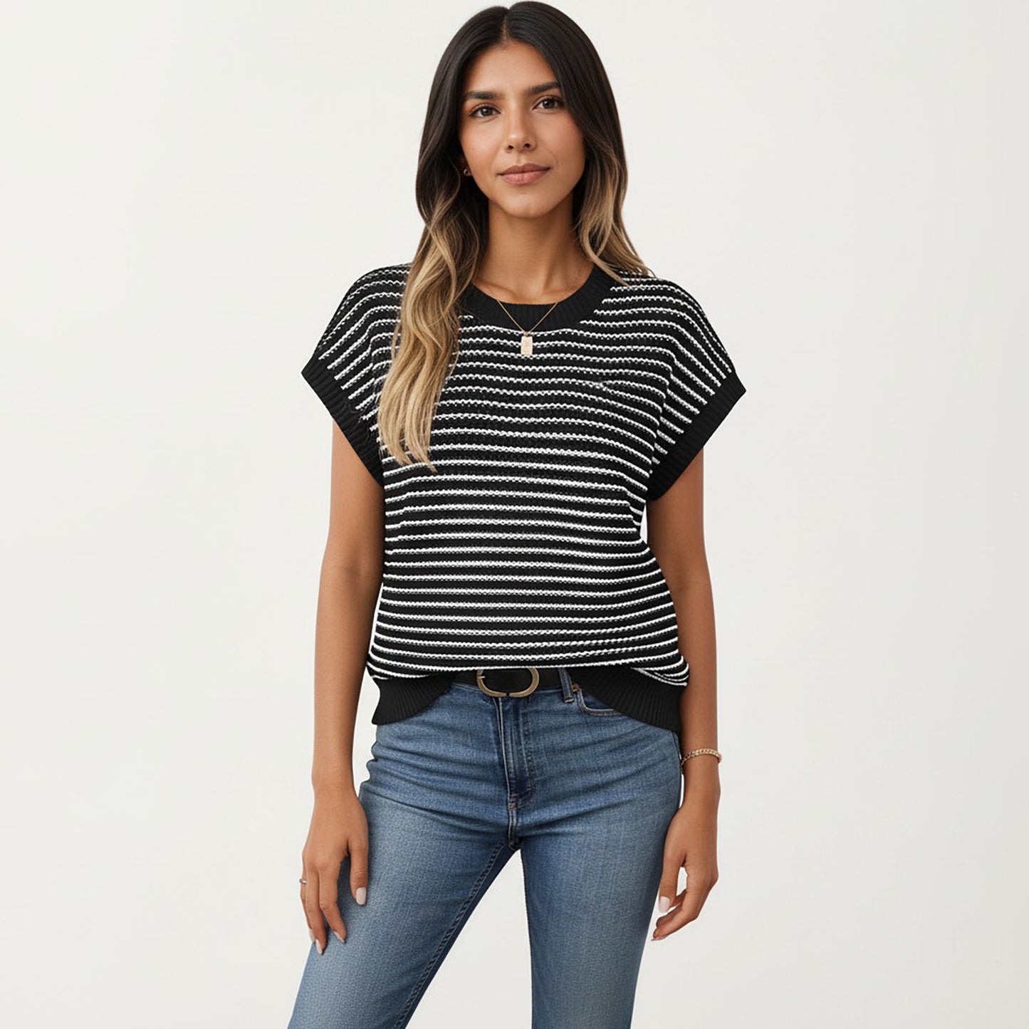 Striped Knit Cap Sleeve Top with Ribbed Trim and Relaxed Fit