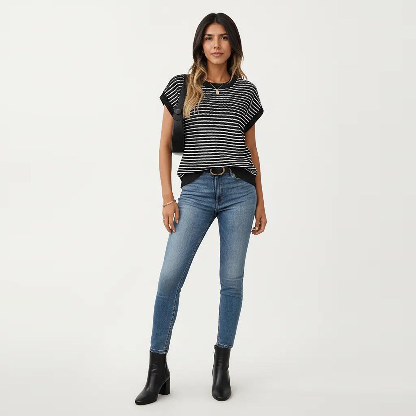 Striped Knit Cap Sleeve Top with Ribbed Trim and Relaxed Fit