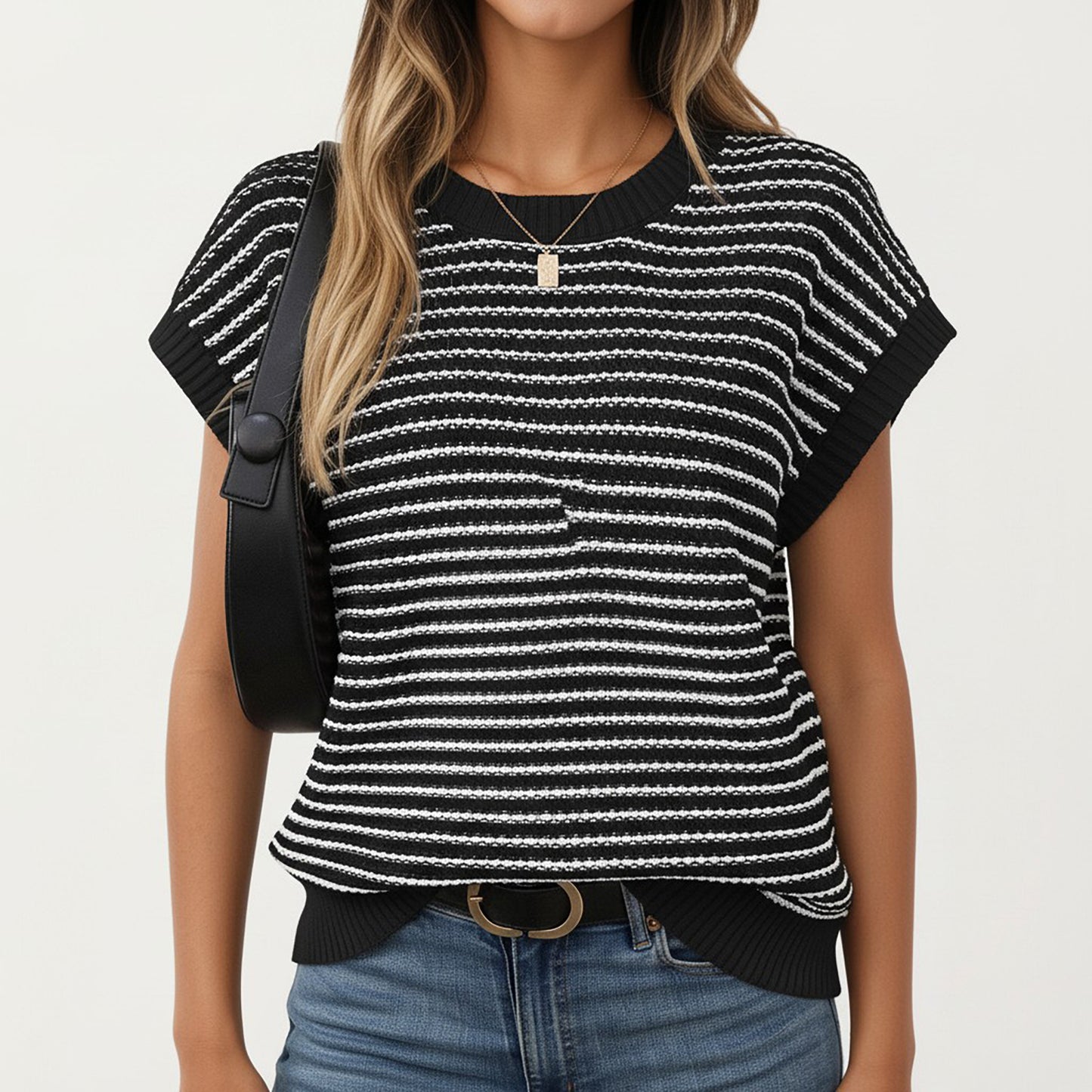 Striped Knit Cap Sleeve Top with Ribbed Trim and Relaxed Fit