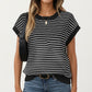 Striped Knit Cap Sleeve Top with Ribbed Trim and Relaxed Fit