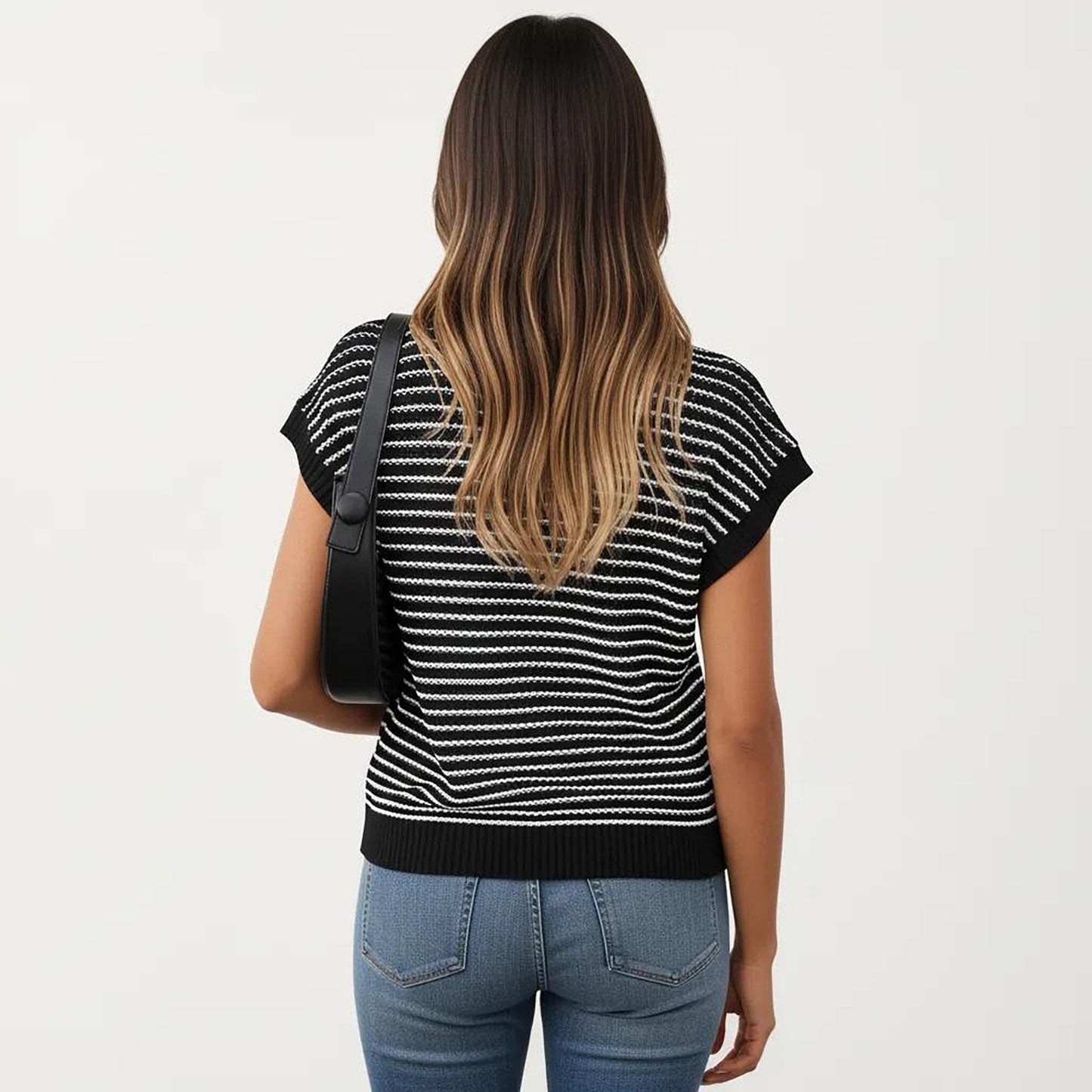 Striped Knit Cap Sleeve Top with Ribbed Trim and Relaxed Fit