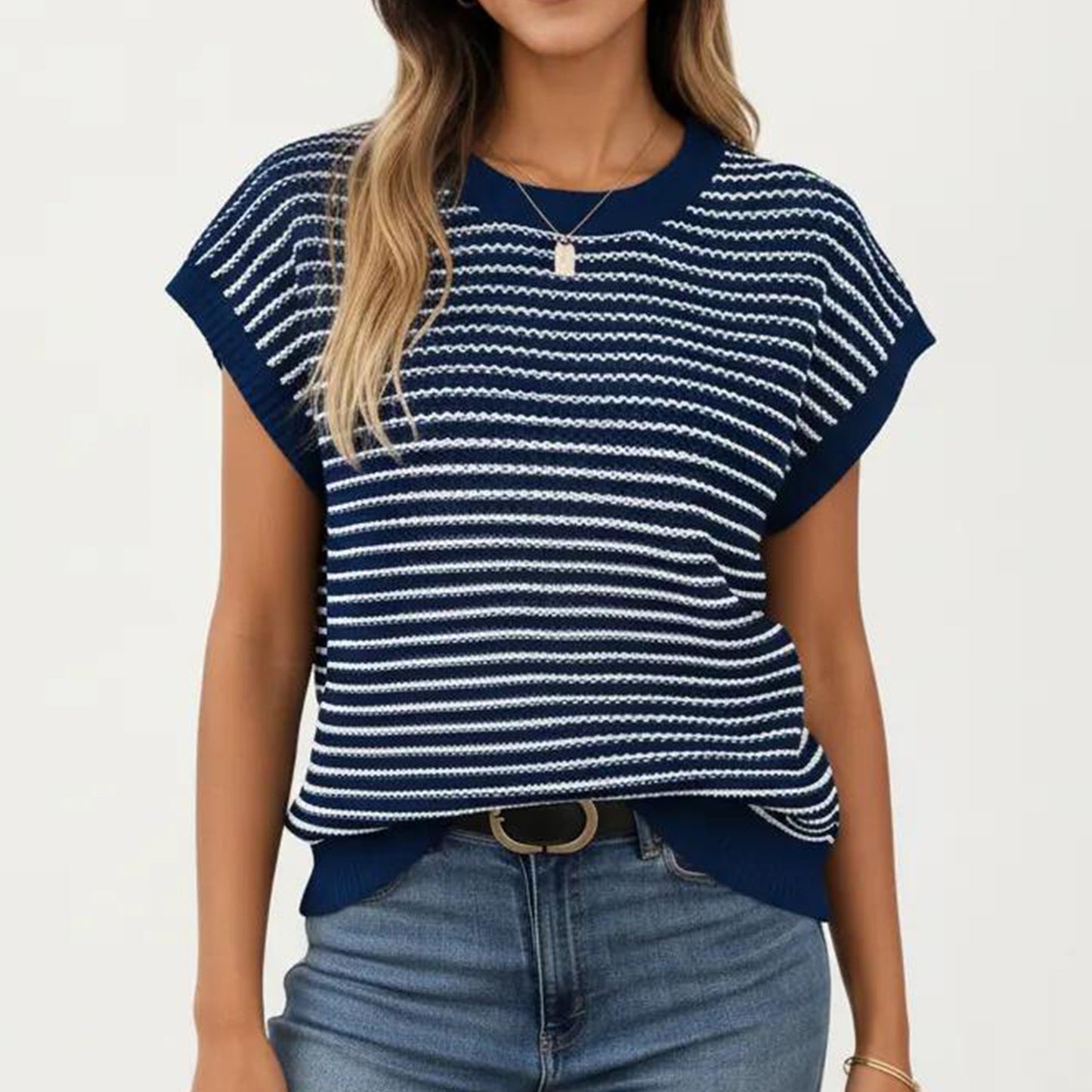 Striped Knit Cap Sleeve Top with Ribbed Trim and Relaxed Fit