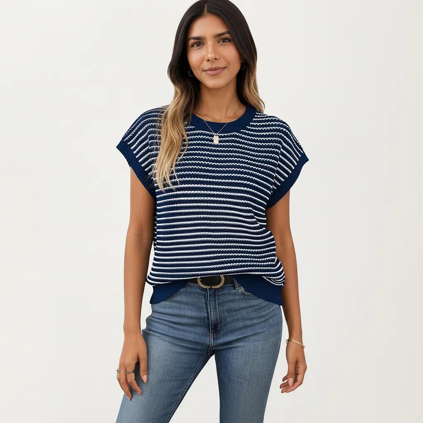 Striped Knit Cap Sleeve Top with Ribbed Trim and Relaxed Fit