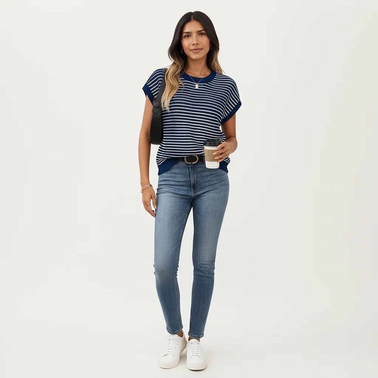Striped Knit Cap Sleeve Top with Ribbed Trim and Relaxed Fit