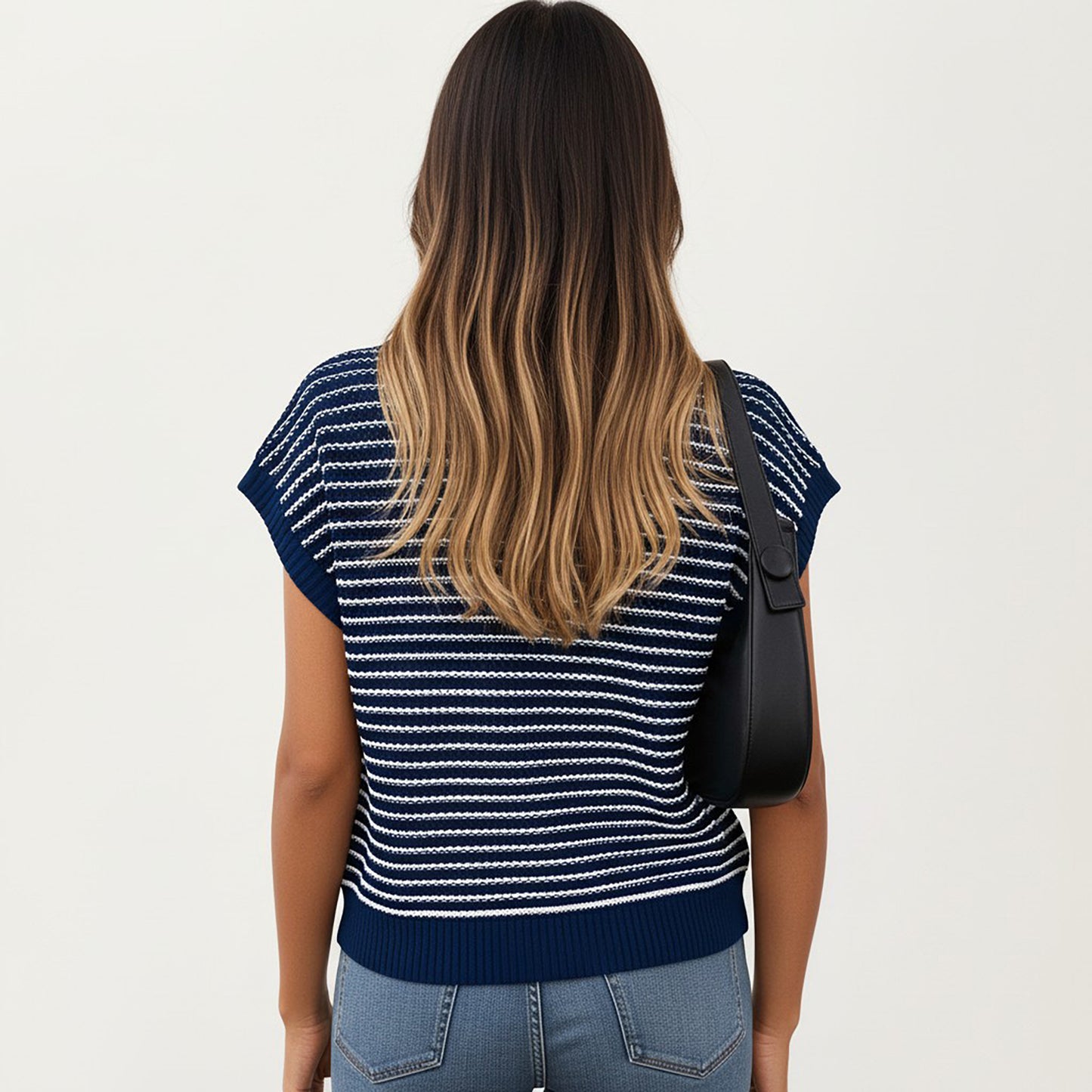 Striped Knit Cap Sleeve Top with Ribbed Trim and Relaxed Fit