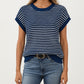 Striped Knit Cap Sleeve Top with Ribbed Trim and Relaxed Fit