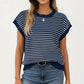 Striped Knit Cap Sleeve Top with Ribbed Trim and Relaxed Fit