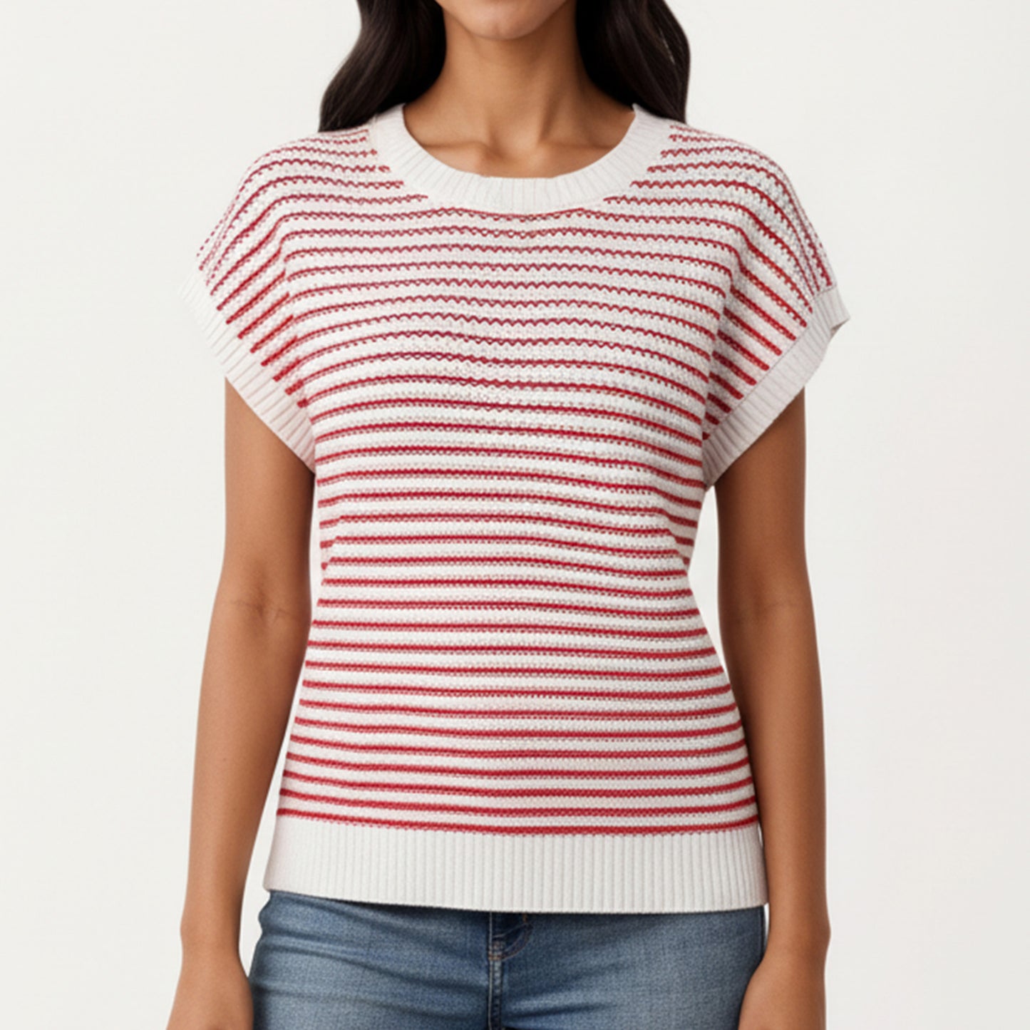 Striped Knit Cap Sleeve Top with Ribbed Trim and Relaxed Fit