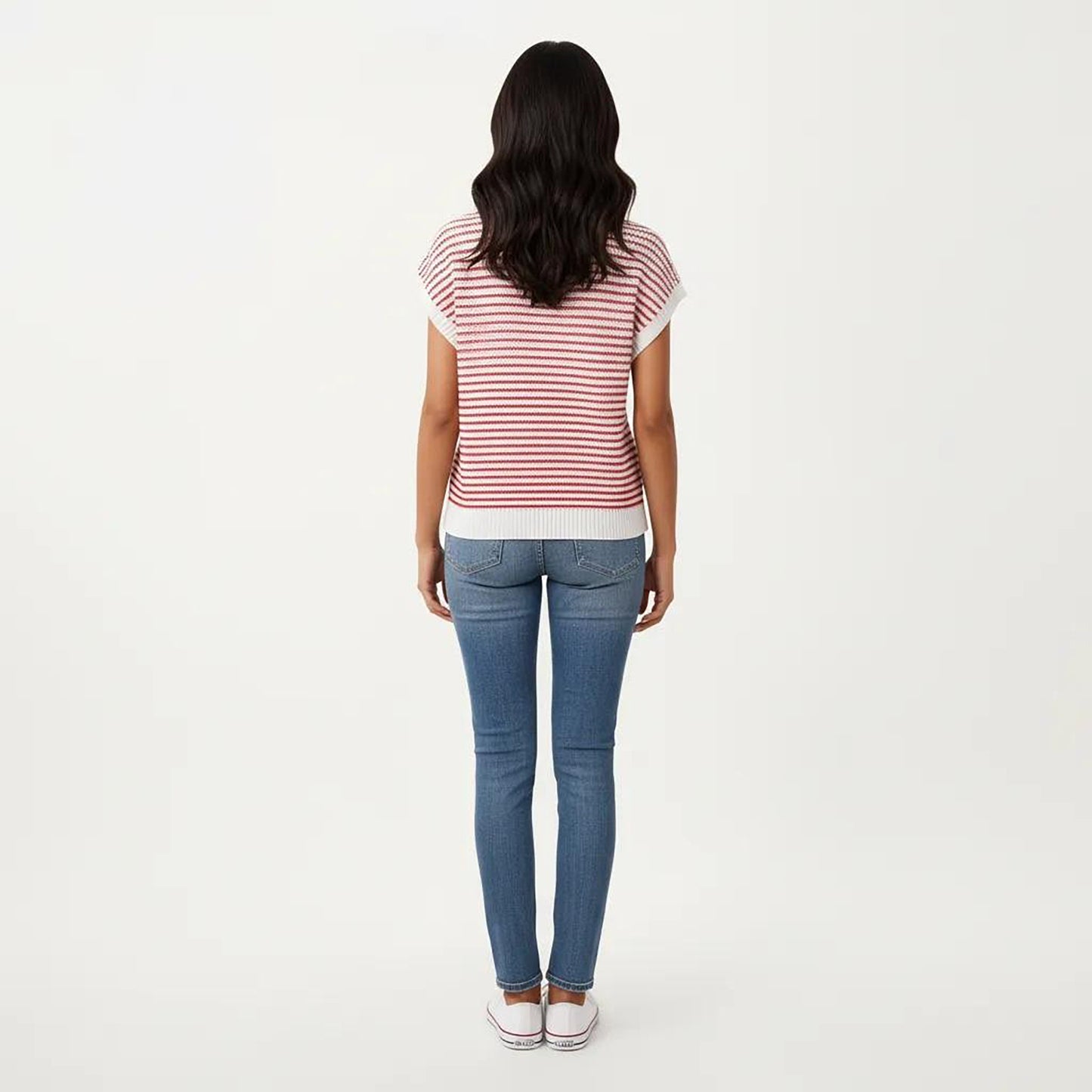 Striped Knit Cap Sleeve Top with Ribbed Trim and Relaxed Fit