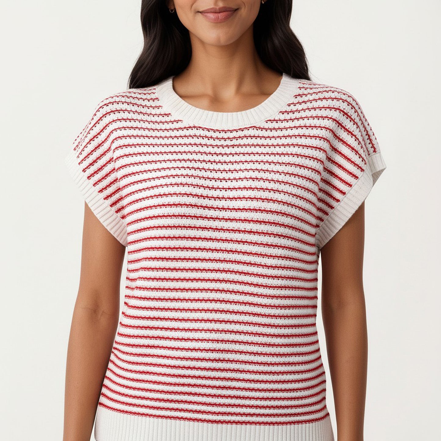 Striped Knit Cap Sleeve Top with Ribbed Trim and Relaxed Fit