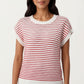 Striped Knit Cap Sleeve Top with Ribbed Trim and Relaxed Fit
