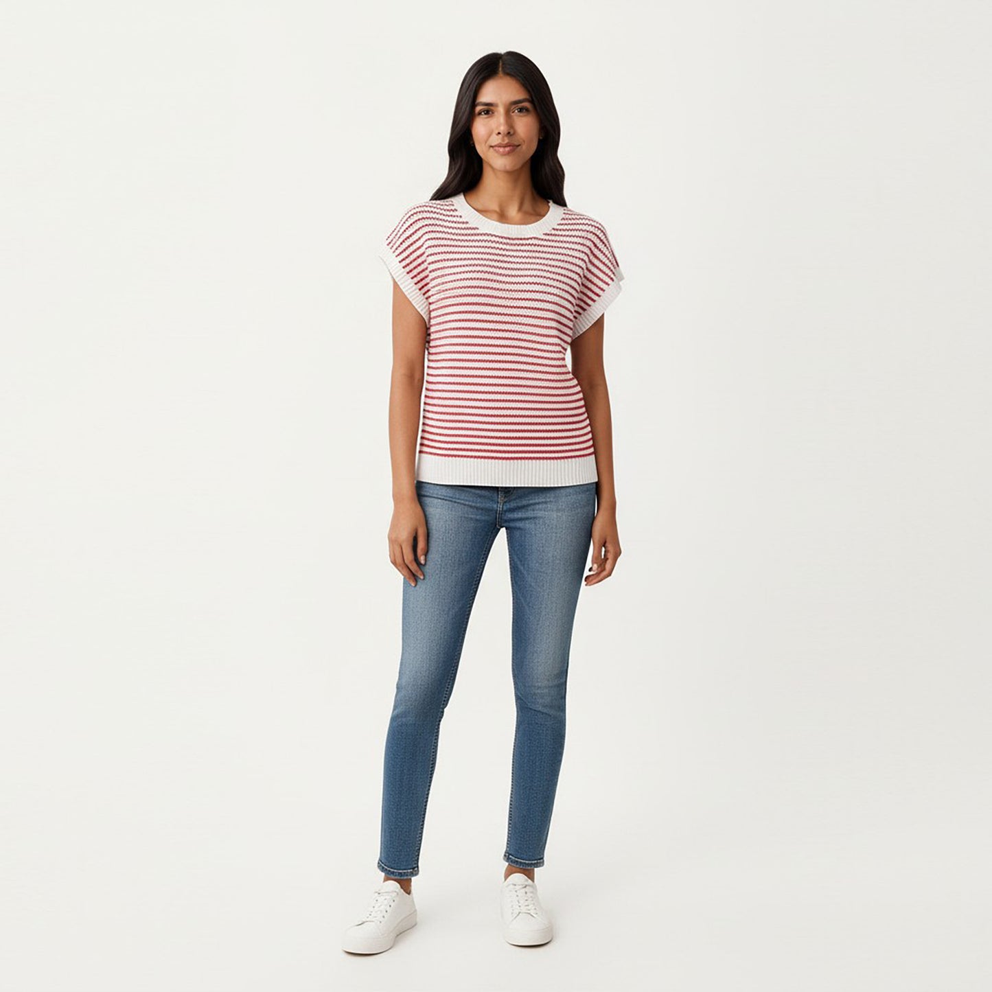 Striped Knit Cap Sleeve Top with Ribbed Trim and Relaxed Fit