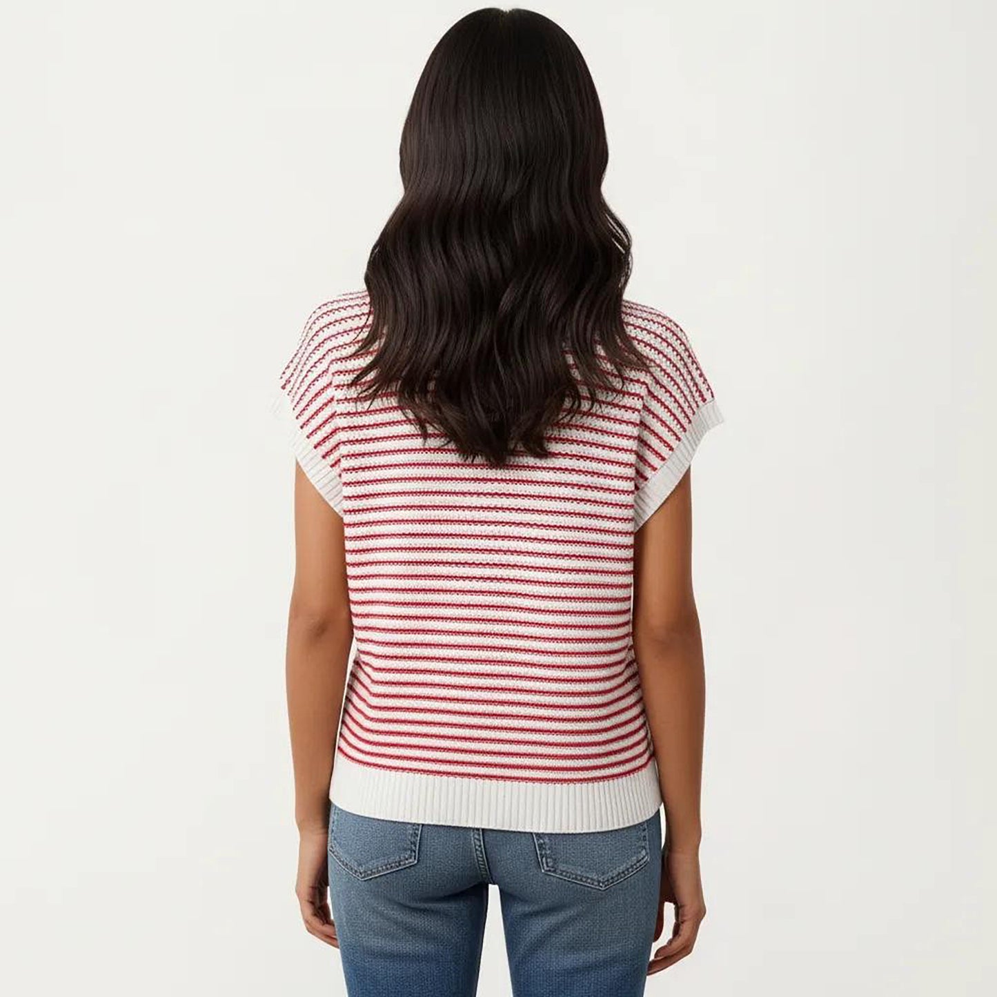 Striped Knit Cap Sleeve Top with Ribbed Trim and Relaxed Fit