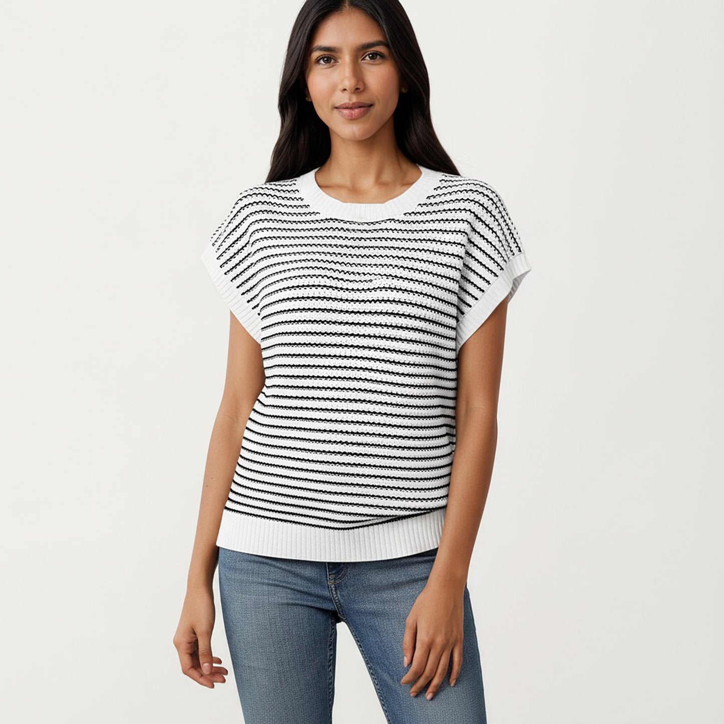 Striped Knit Cap Sleeve Top with Ribbed Trim and Relaxed Fit
