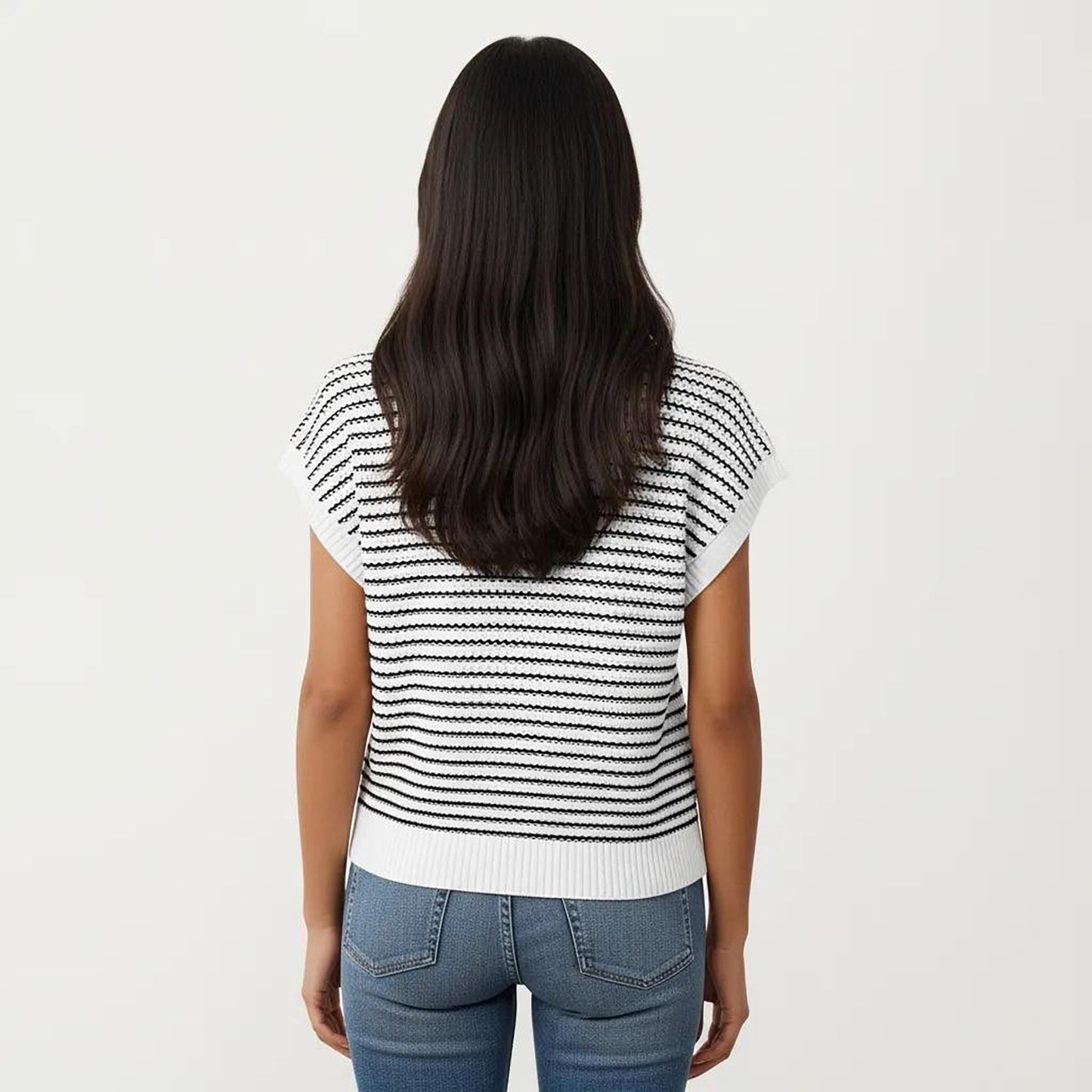 Striped Knit Cap Sleeve Top with Ribbed Trim and Relaxed Fit