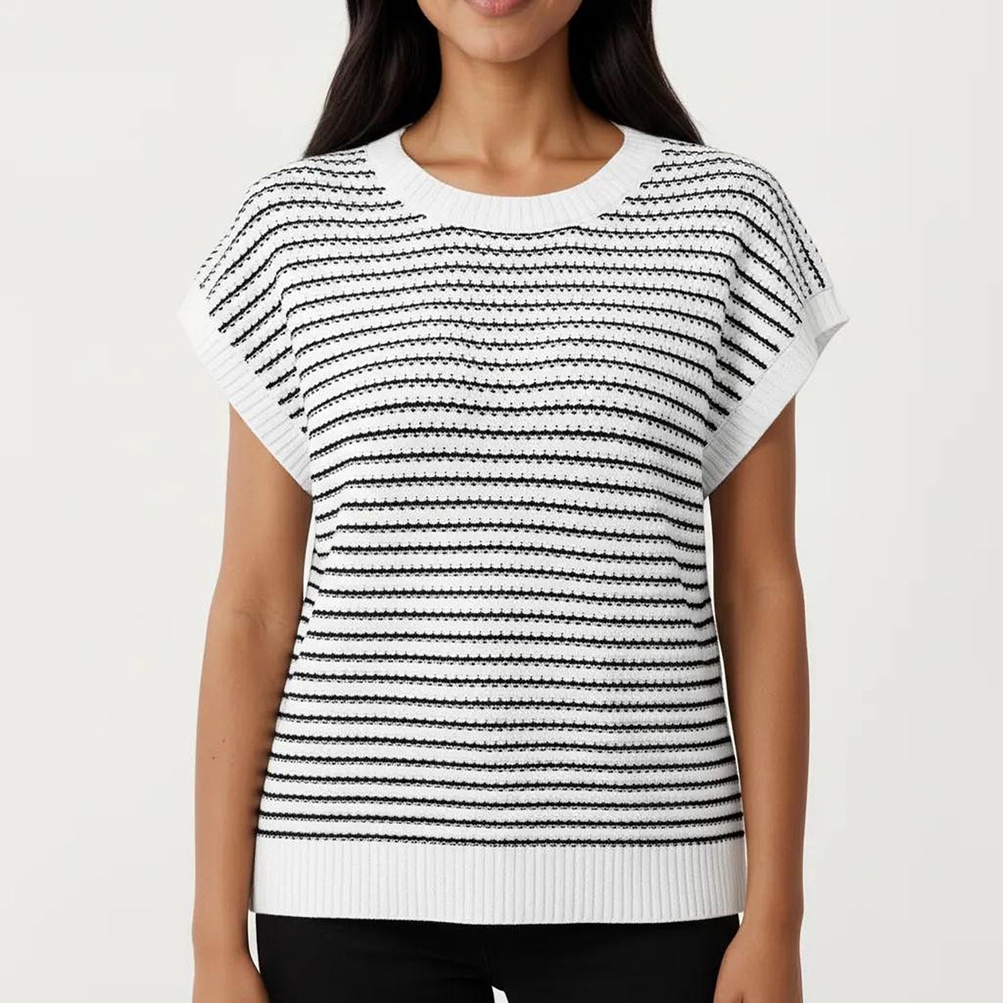 Striped Knit Cap Sleeve Top with Ribbed Trim and Relaxed Fit