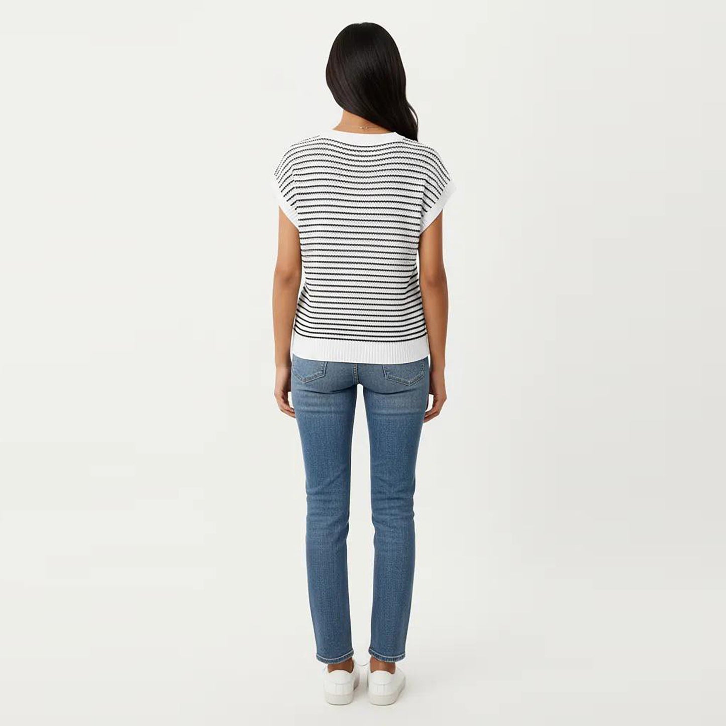 Striped Knit Cap Sleeve Top with Ribbed Trim and Relaxed Fit