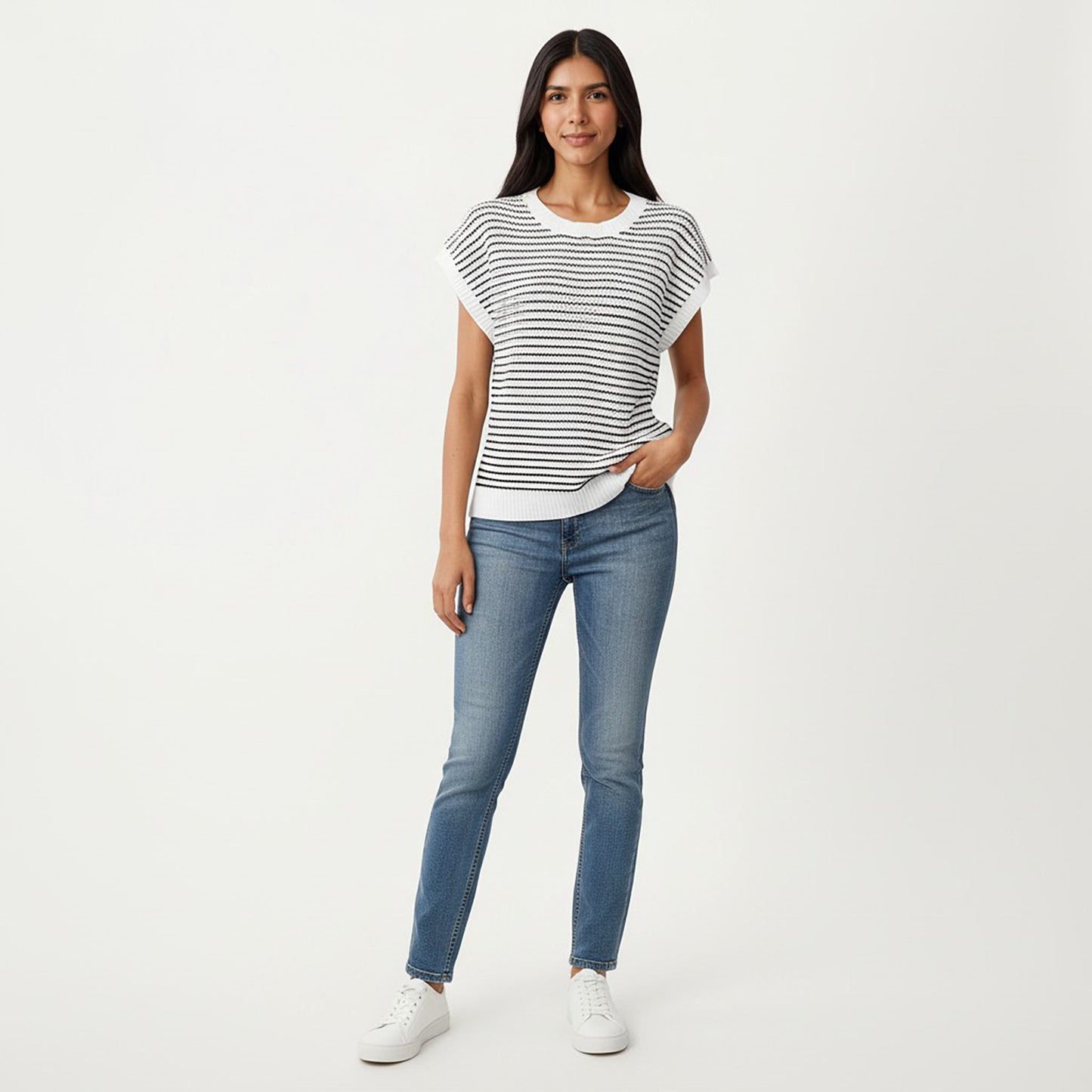 Striped Knit Cap Sleeve Top with Ribbed Trim and Relaxed Fit
